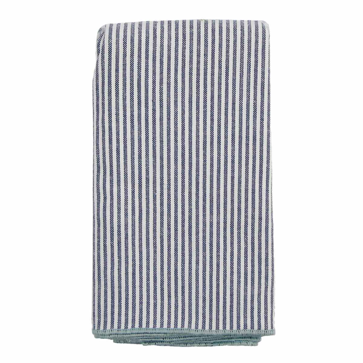Set of 4 White & Navy Striped Napkins with Light Blue Overlock Edge, 18"