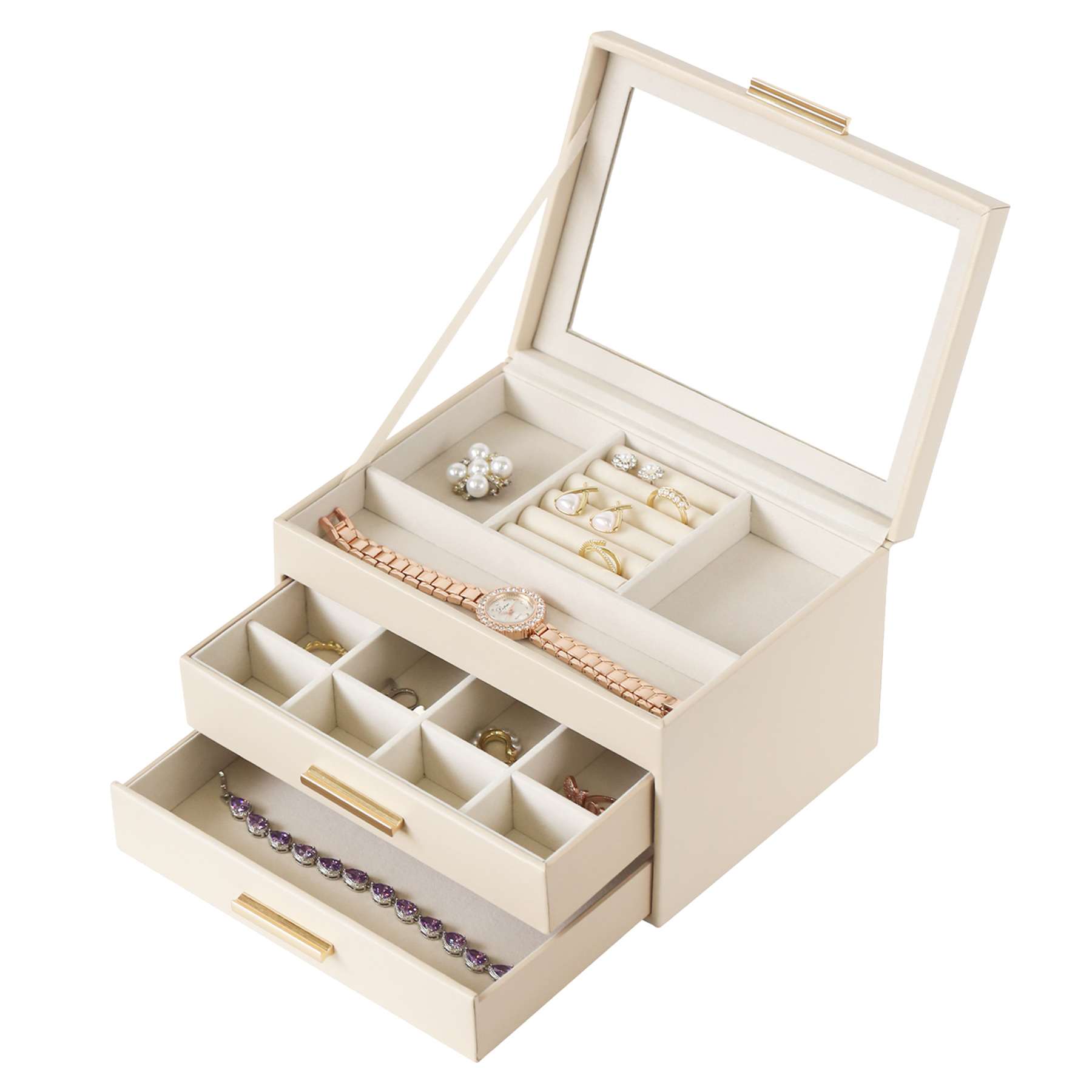 Vinyl Jewelry Organizer with Gold Handle Drawers, Beige