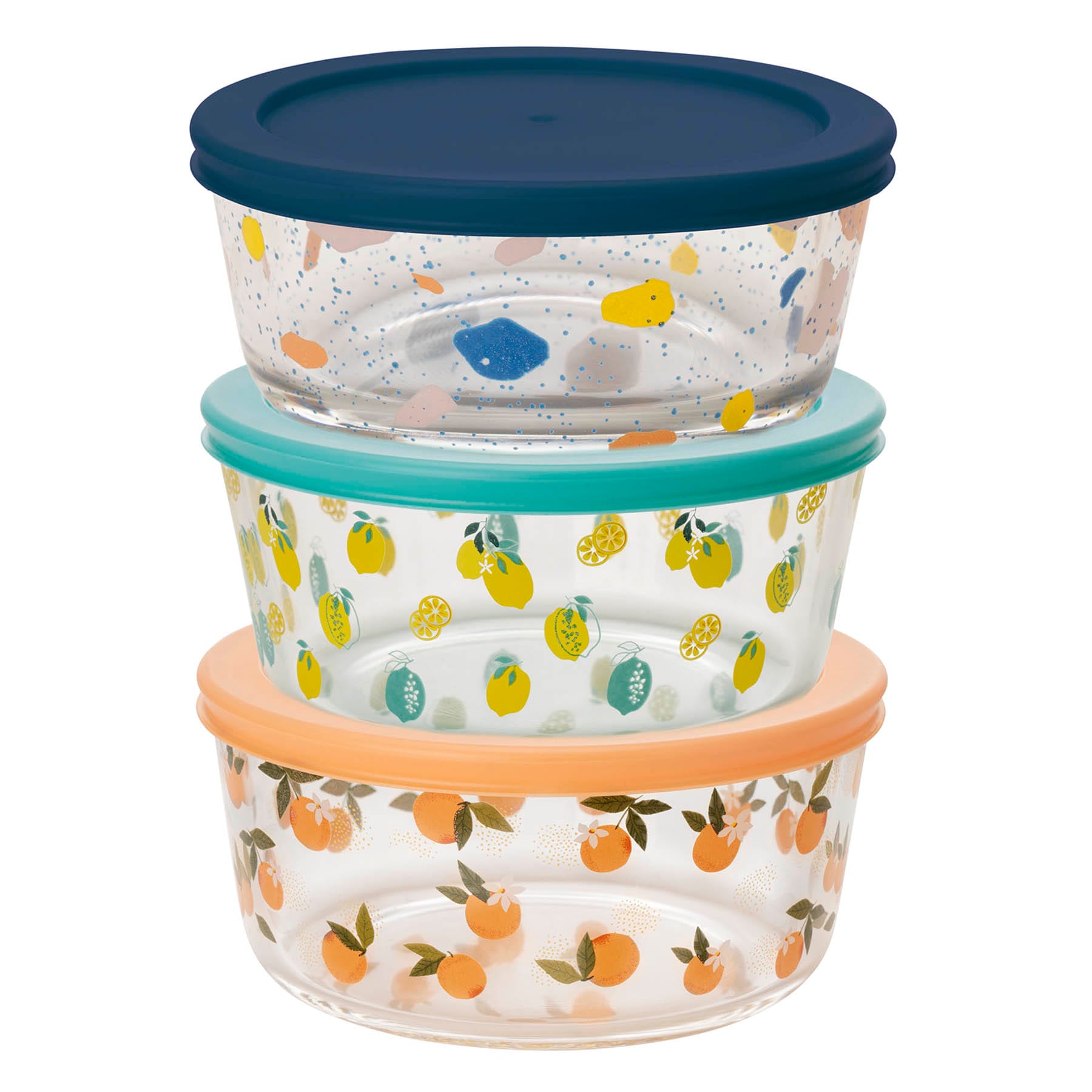 3Pc 1Cup Round Assorted Prints Glass Food Storage