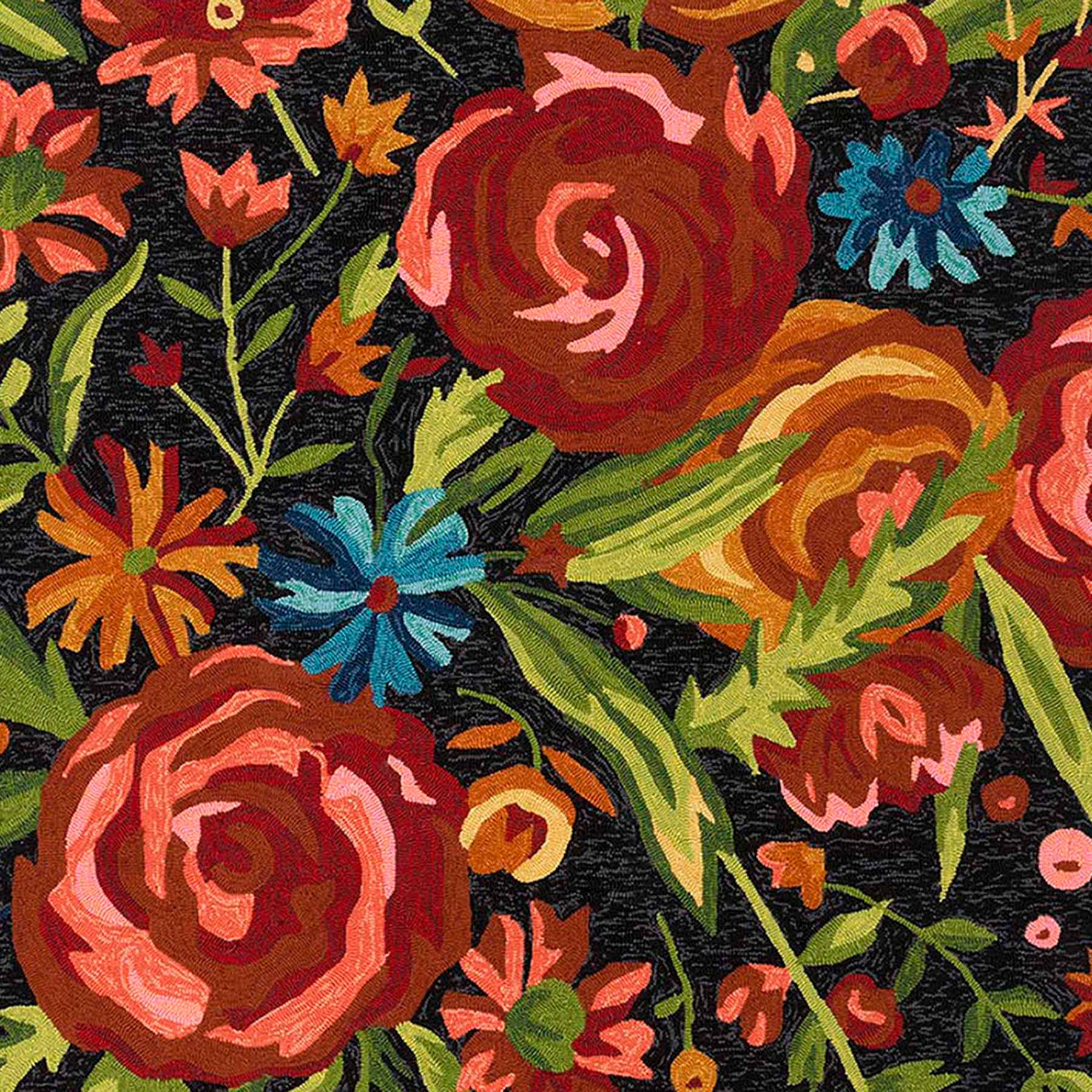 (E255) Santa Monica Black Floral Indoor & Outdoor Area Rug, 8x10