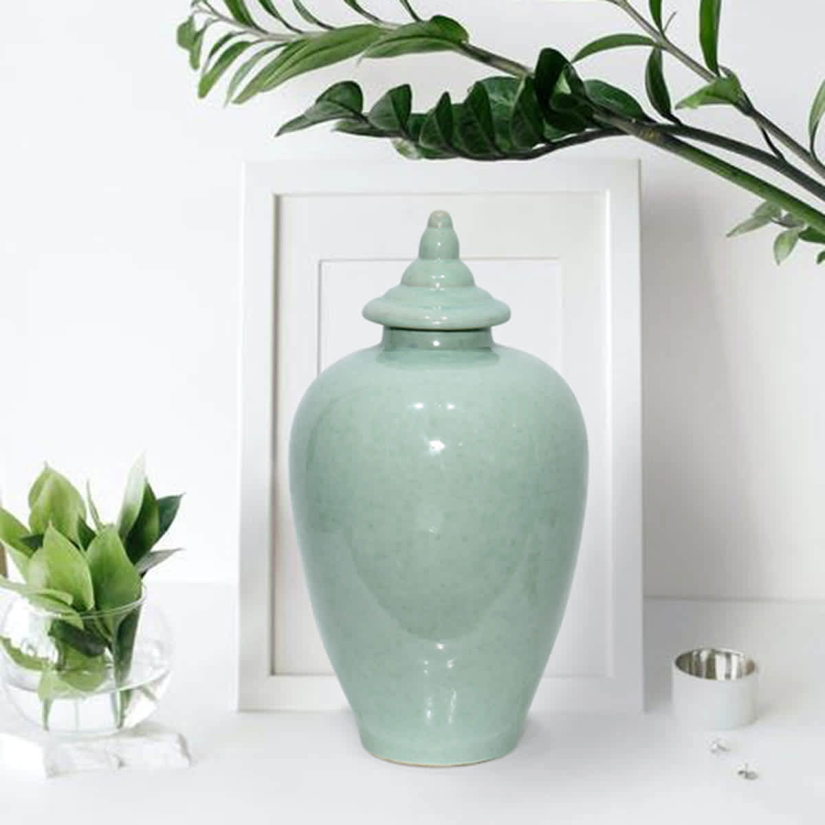 White and Green Ceramic Decor Jar, 15.7"