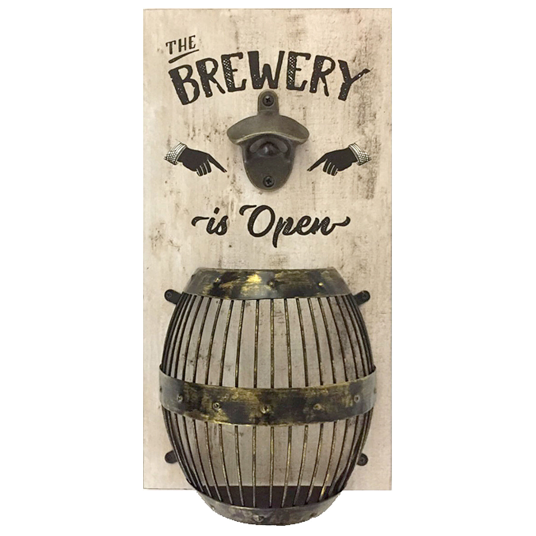 The Brewery Is Open White Bottle Opener with Barrel Cap Catcher, 8x15