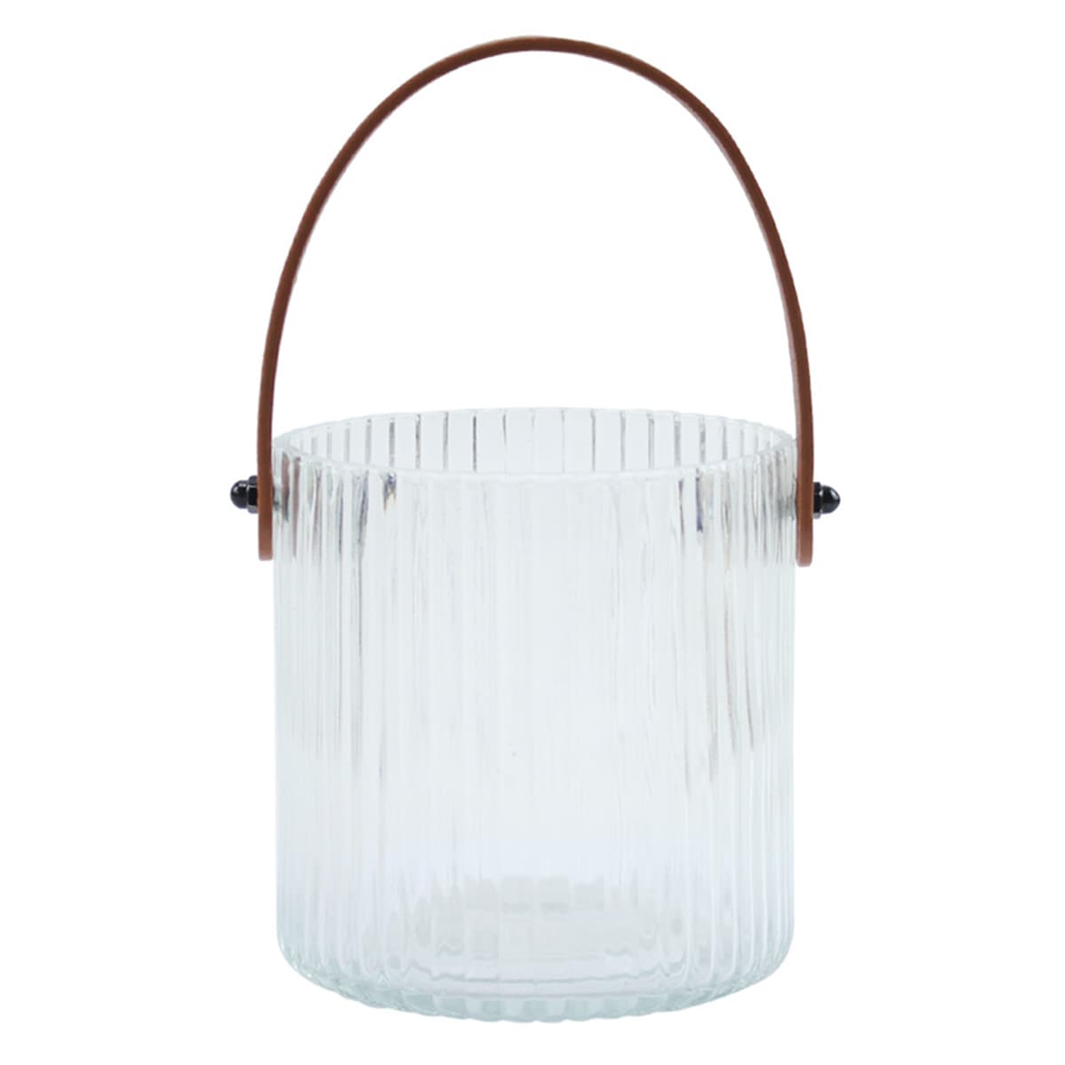 Ribbed Clear Glass Lantern with Brown Leather Handle, 5"