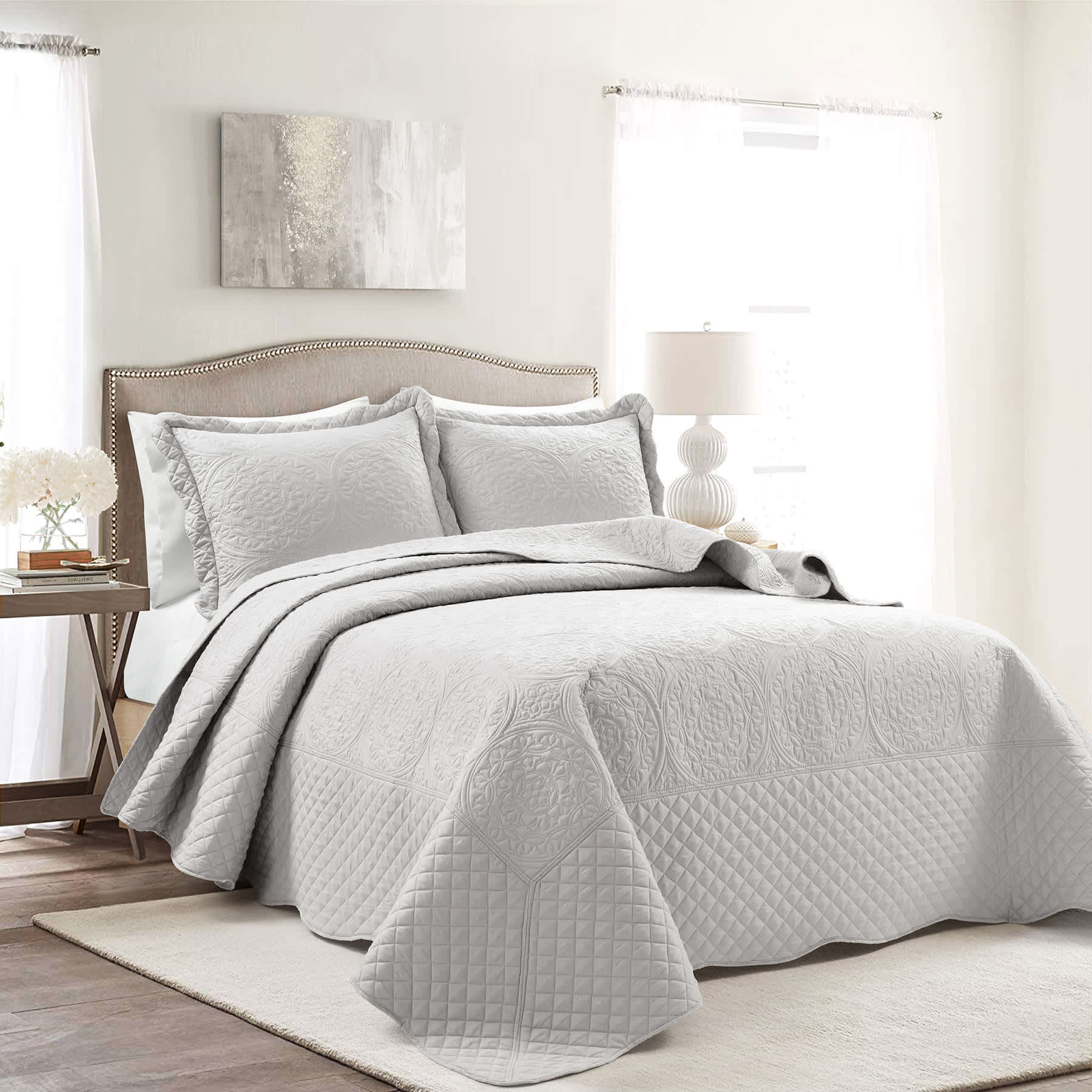 Found & Fable 3-Piece Grey Medallion Scalloped Bedspread Set, King