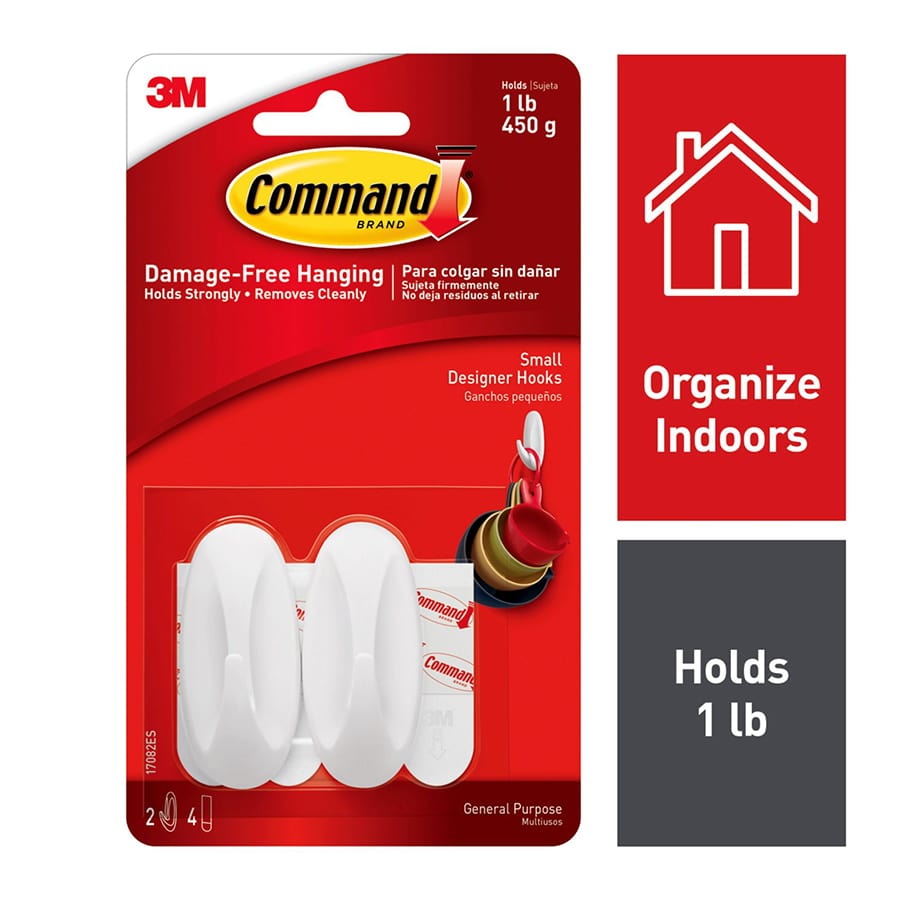 Command? Small Designer Hooks, 2-Hooks, 4-Strips/Pack, White