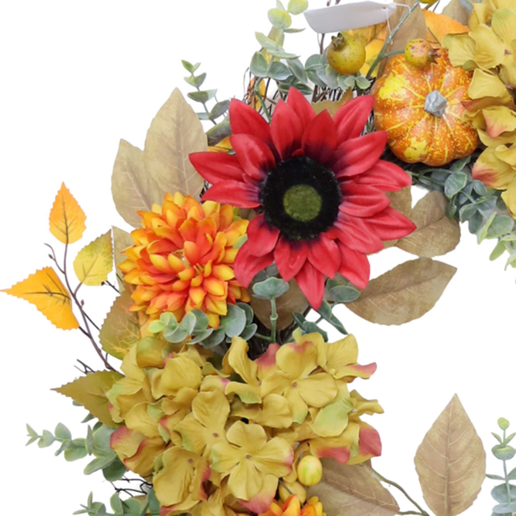 Sunflower, Hydrangea & Pumpkin Spiral Vine Wreath, 24"