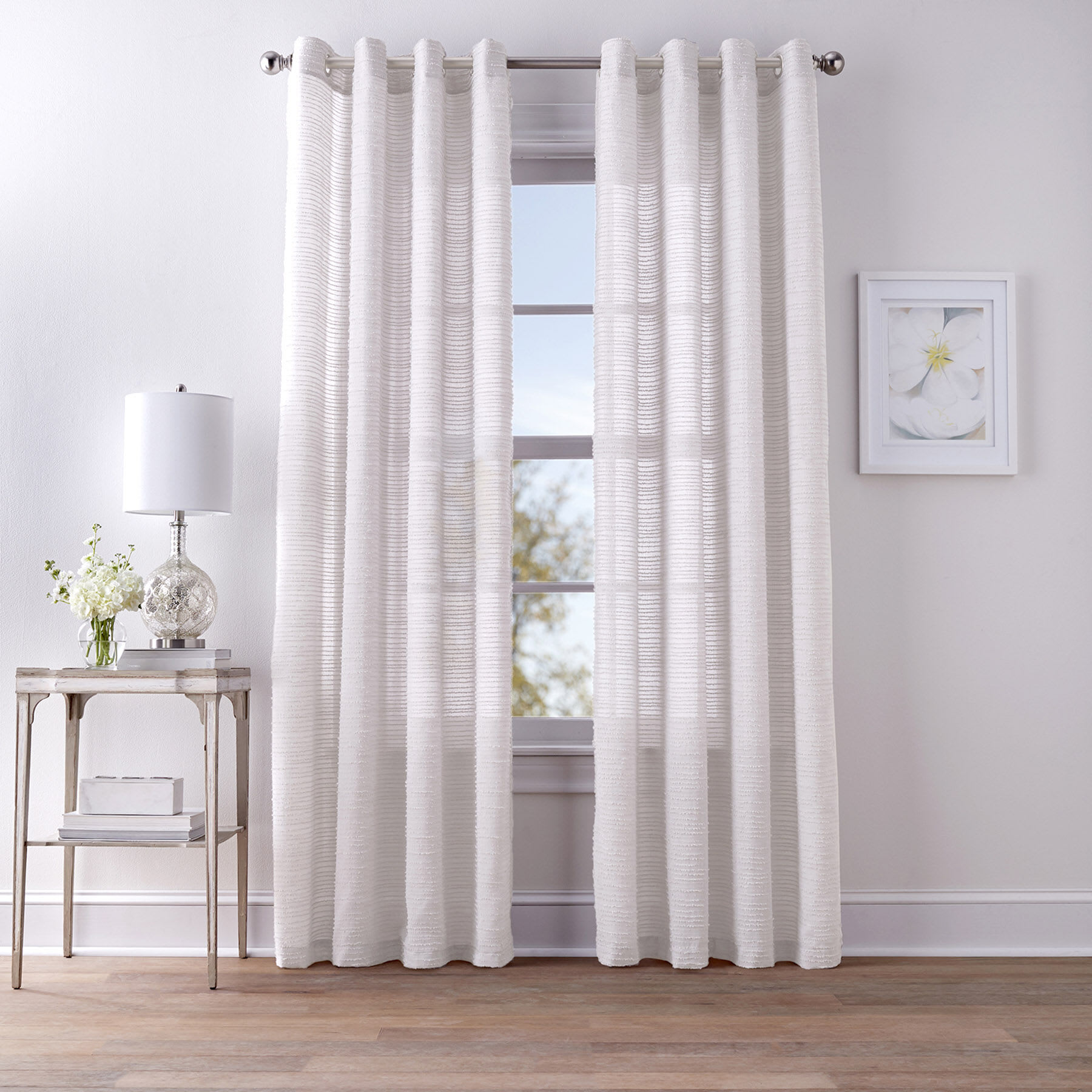 White Fringe Striped Sheer Grommet Curtain Panel, 84"