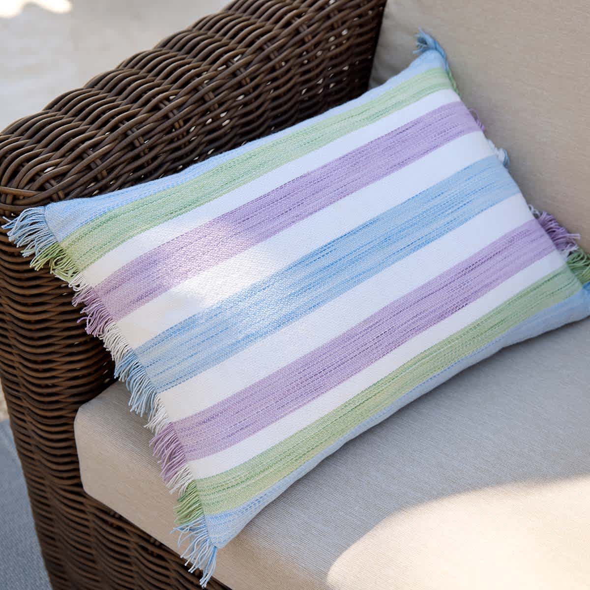 Purple & Green Stripe Woven Lumbar Outdoor Throw Pillow, 14x20