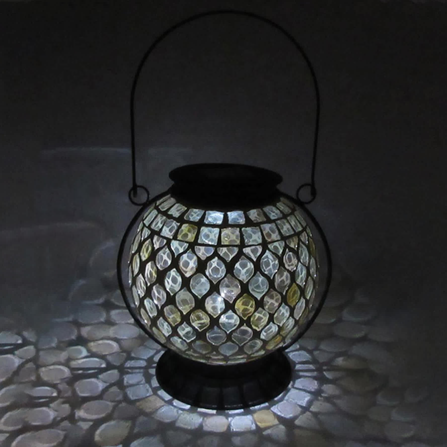 Amber Mosaic Glass Ball Outdoor Solar Lantern, 8"