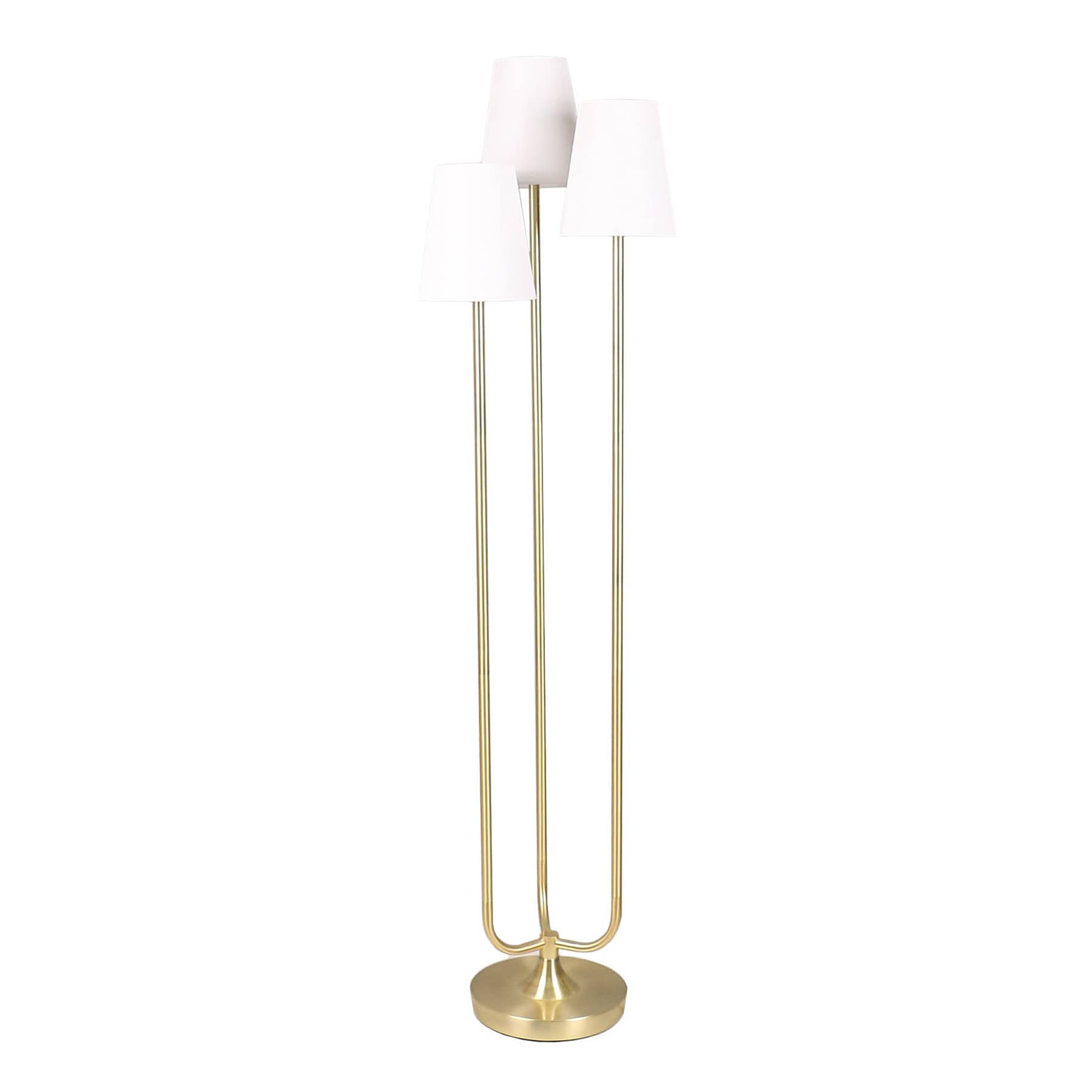 Providence Brushed Brass Triple Head Floor Lamp with White Fabric Shades, 65"