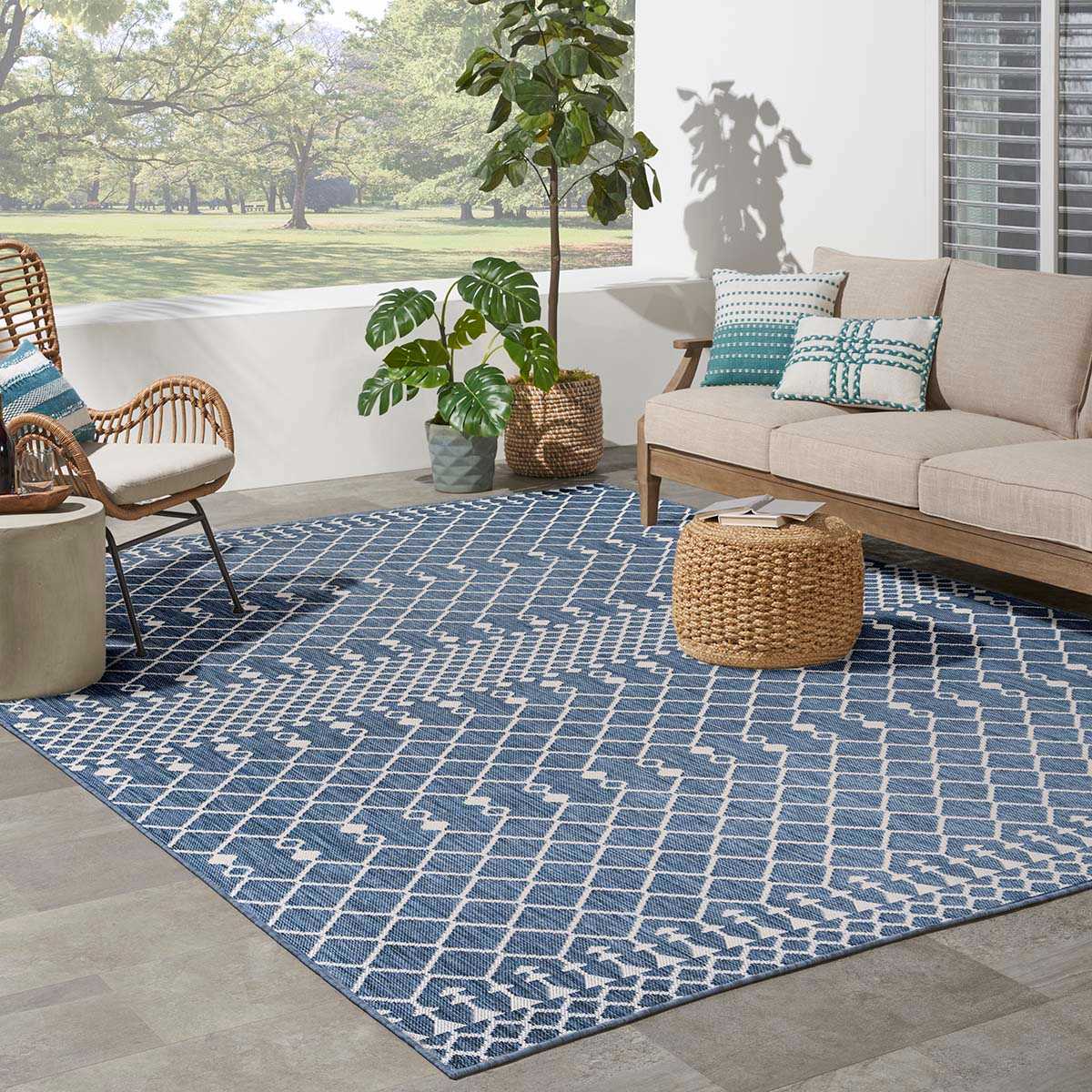 (E528) Navy Blue Moroccan Outdoor Area Rug, 5x7