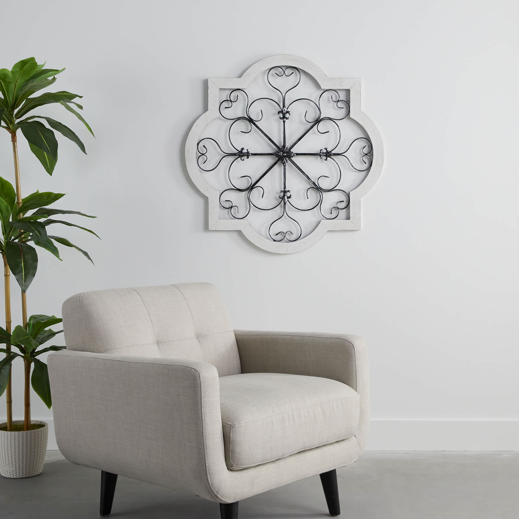 Honeybloom Barbed Quatrefoil Scroll Medallion White Metal & Wood Wall Decor, 36"
