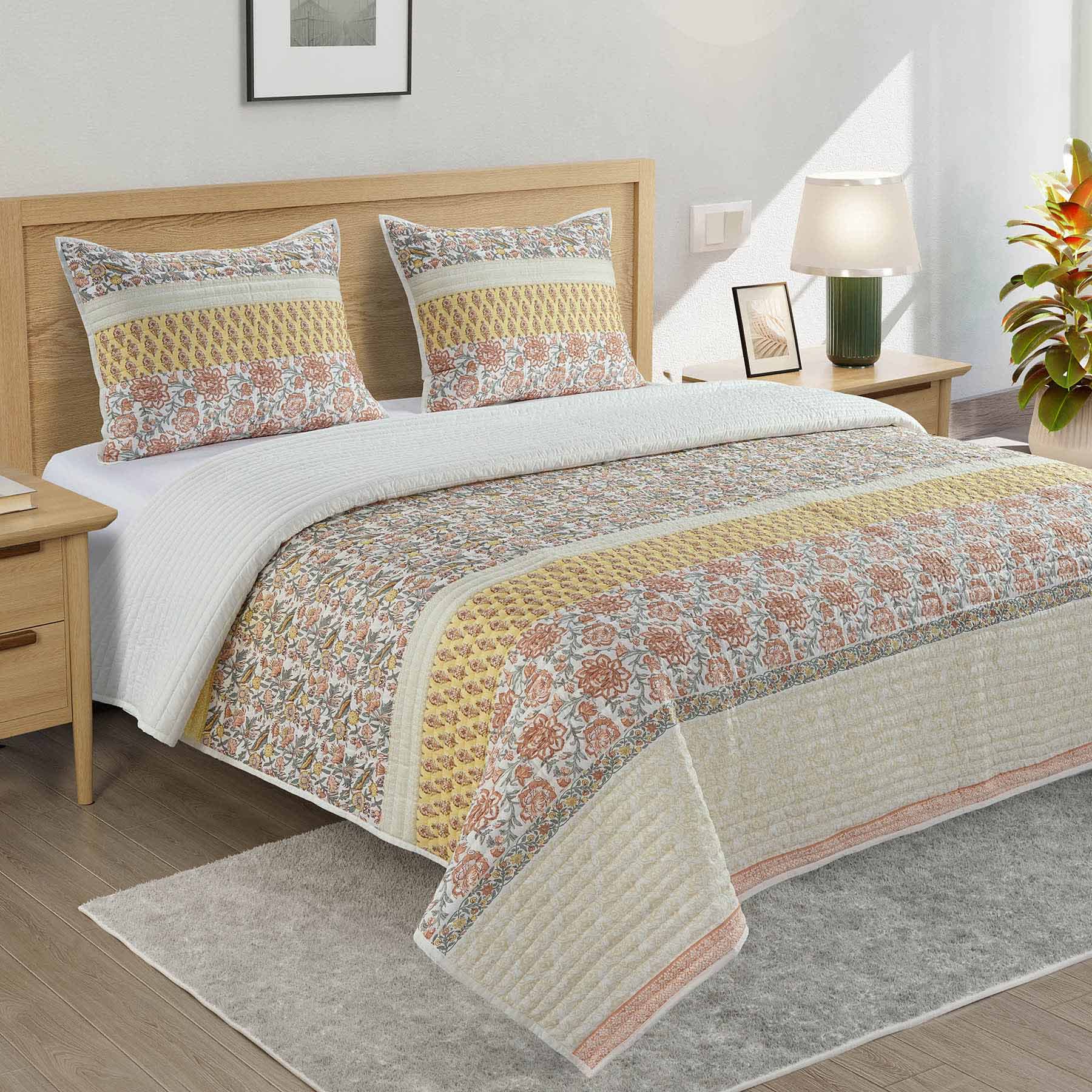 Honeybloom 3-Piece Floral Stripe Printed Cotton Percale Quilt Set, Full/Queen