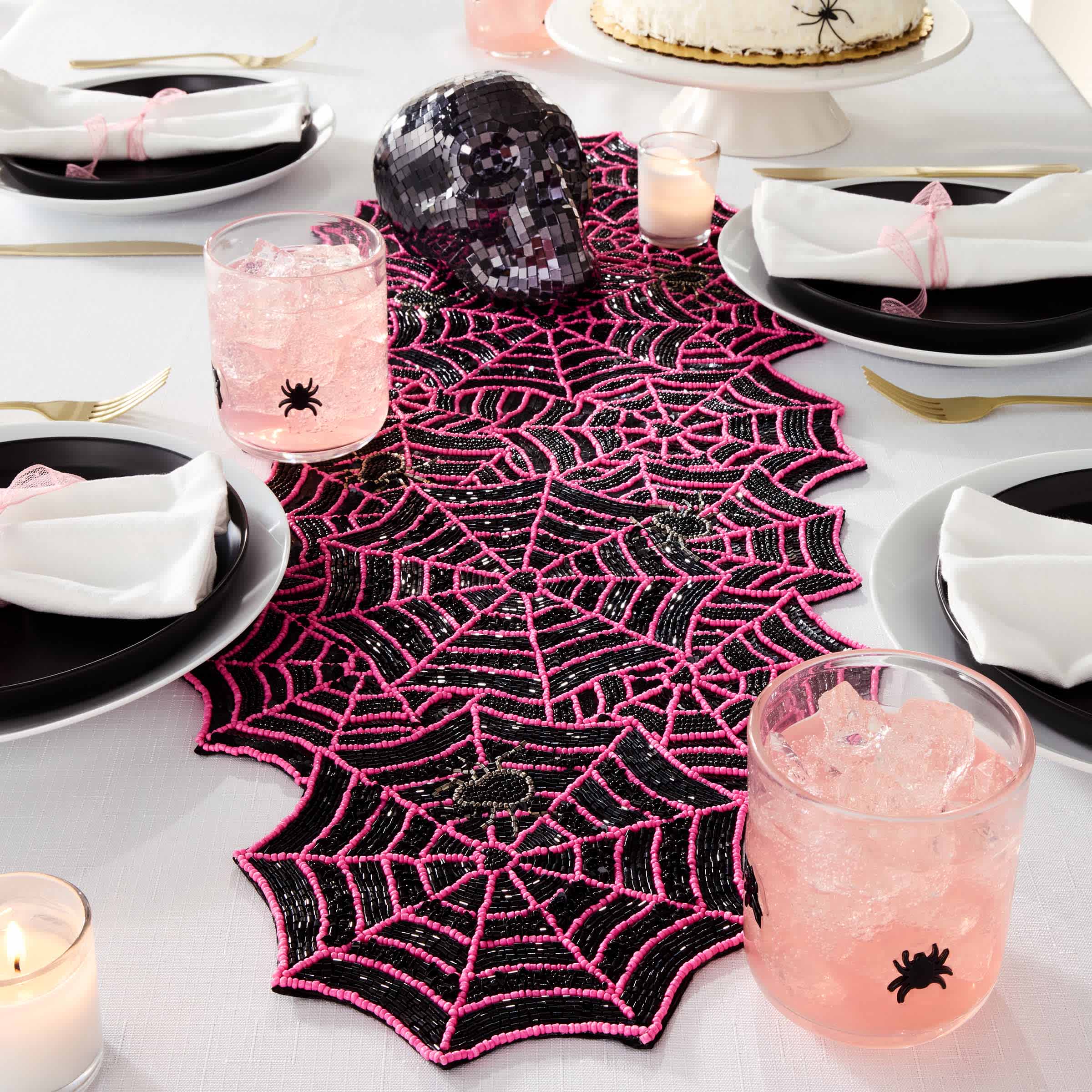 Hey Boo! Black & Pink Fully Beaded Spider Web Table Runner