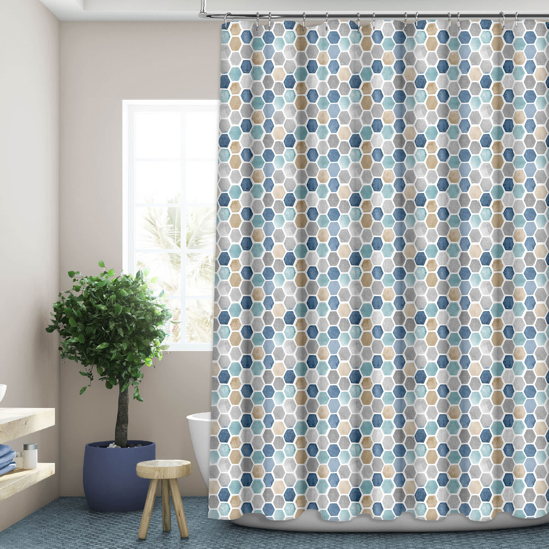 13-Piece Blue Pebble Print Shower Curtain Set, 72"