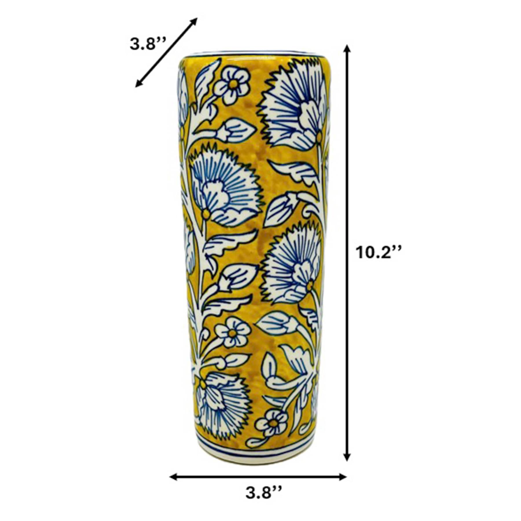 Yellow and Blue Handpainted Floral Ceramic Cylinder Vase, 10"