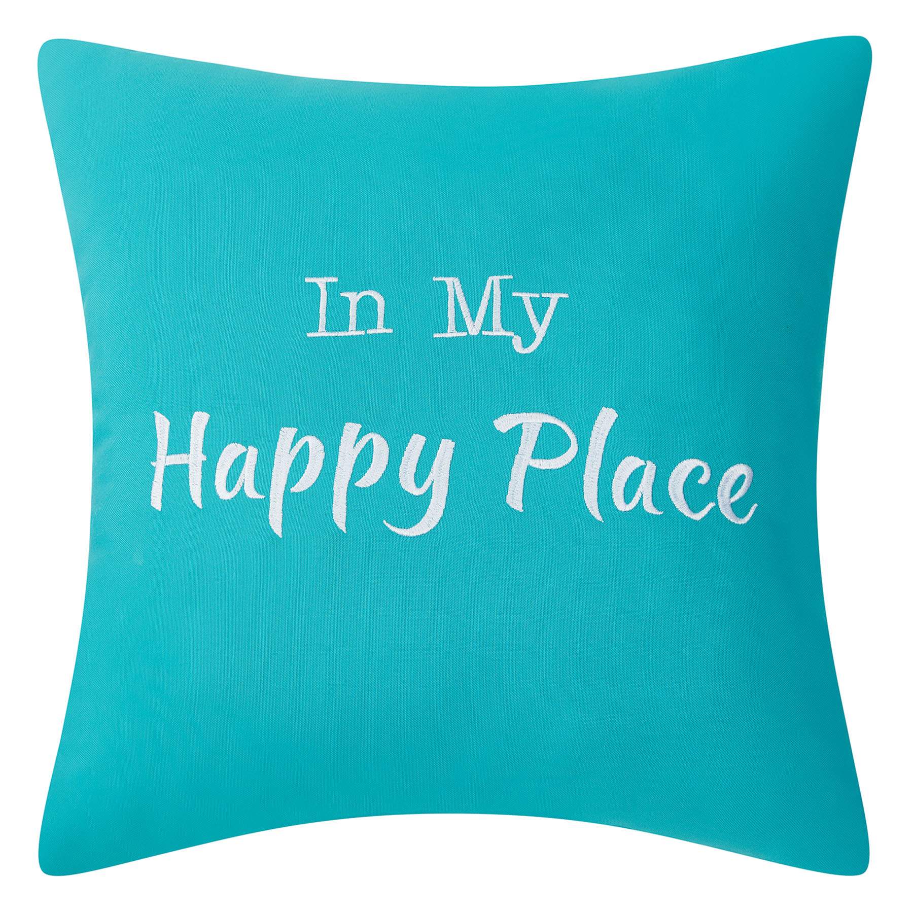 In My Happy Place Turquoise Square Outdoor Throw Pillow, 18"