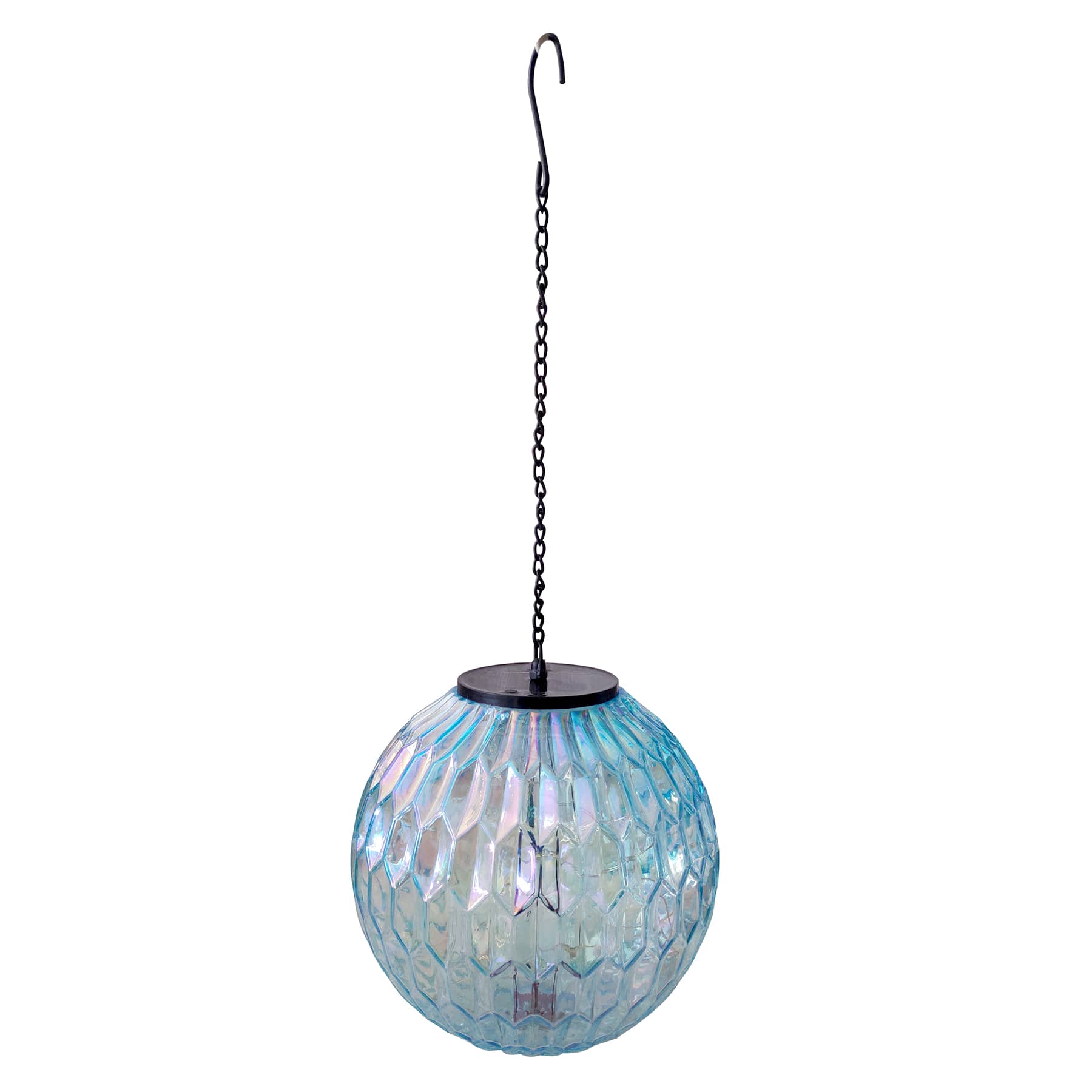 LED Iridescent Blue Glass Hanging Ball Outdoor Solar Lantern, 8"