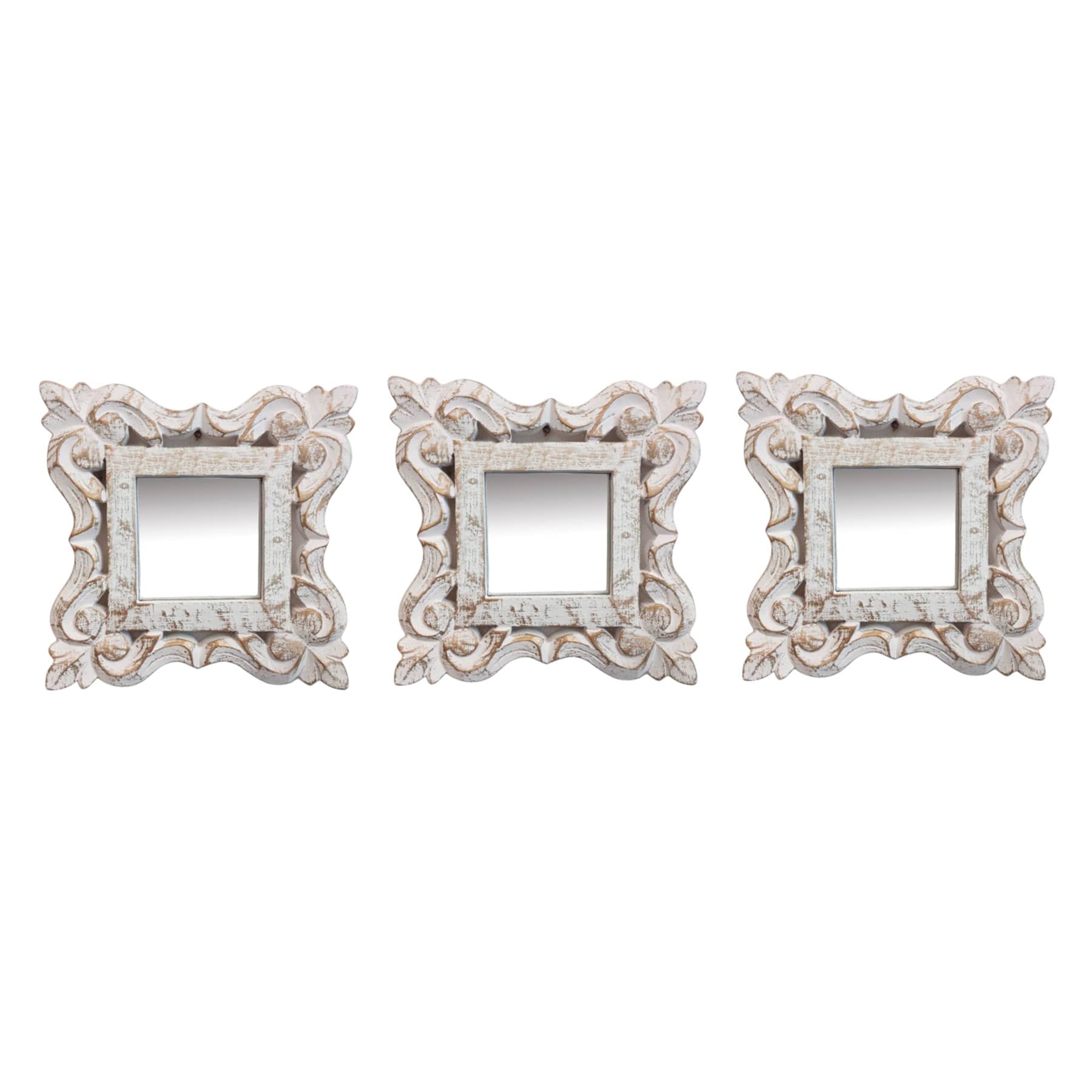 3-Piece White Gold Carved Wall Mirror Set, 8"