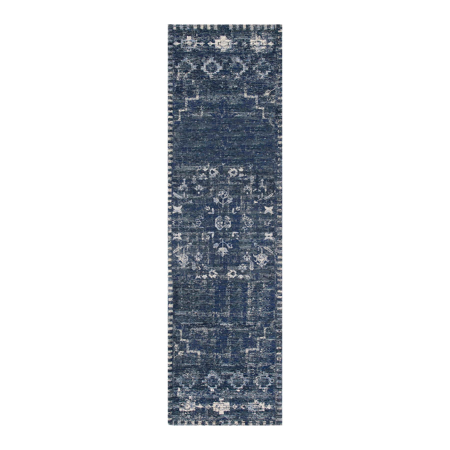(B823) Teagan Navy Blue Floral Flatweave Runner, 2x7