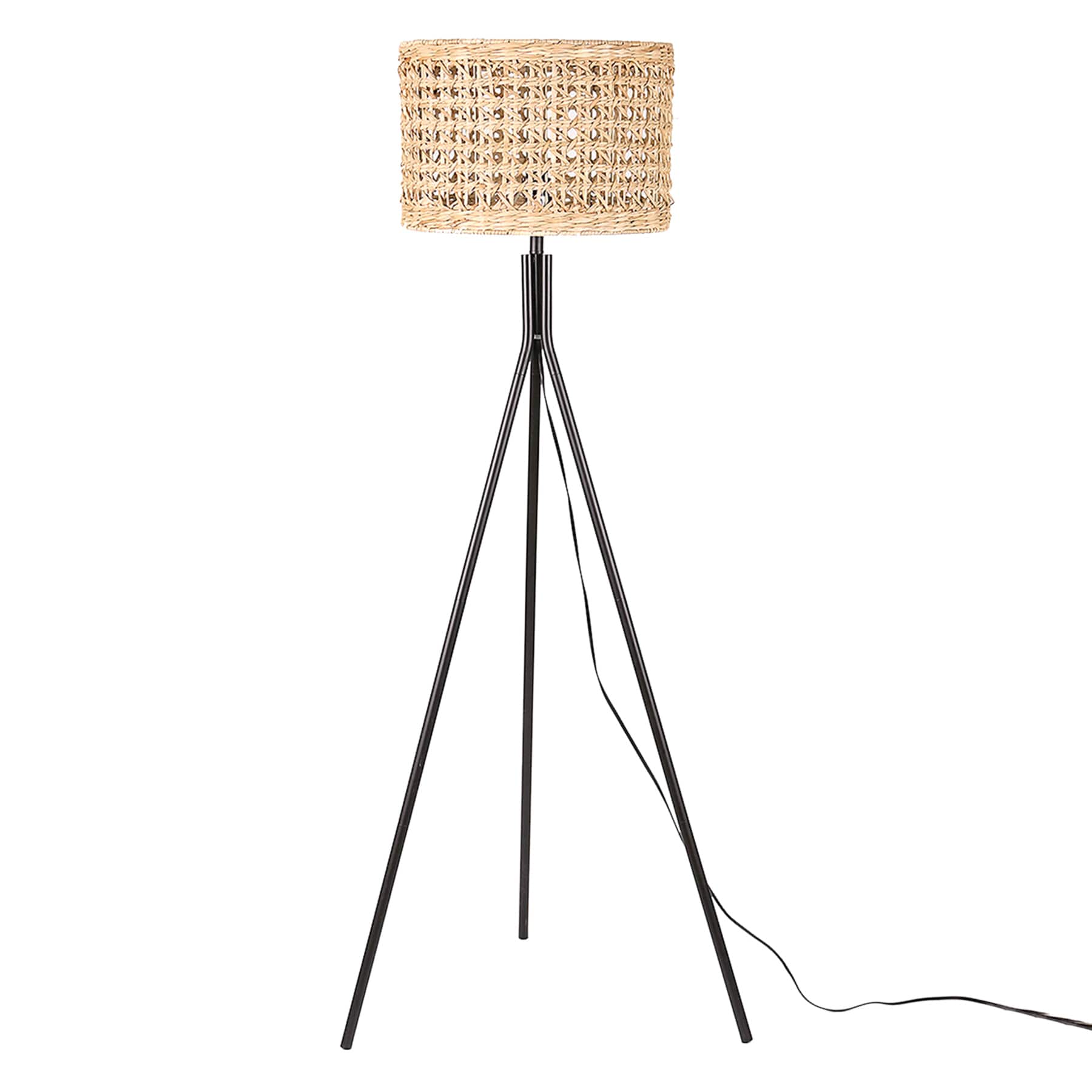 Ty Pennington Black Metal Tripod Floor Lamp with Seagrass Shade, 60"