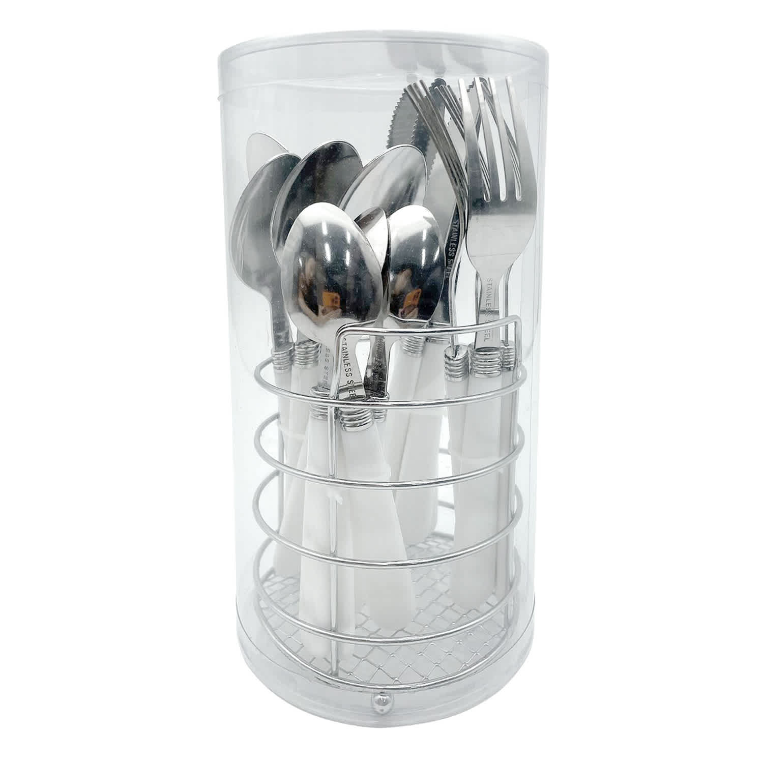 Metal & White Handle Flatware Set