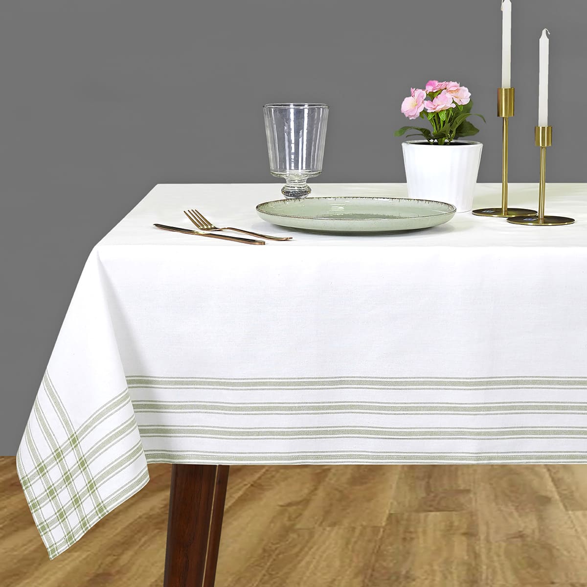 White with Sage Striped Border Tablecloth, 60x84