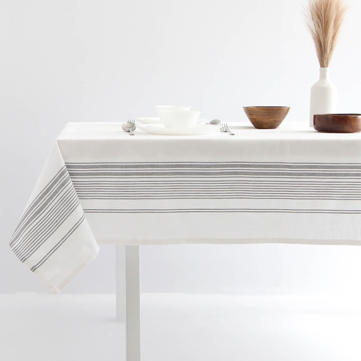 White with Multi-Grey Stripes Tablecloth, 60x84