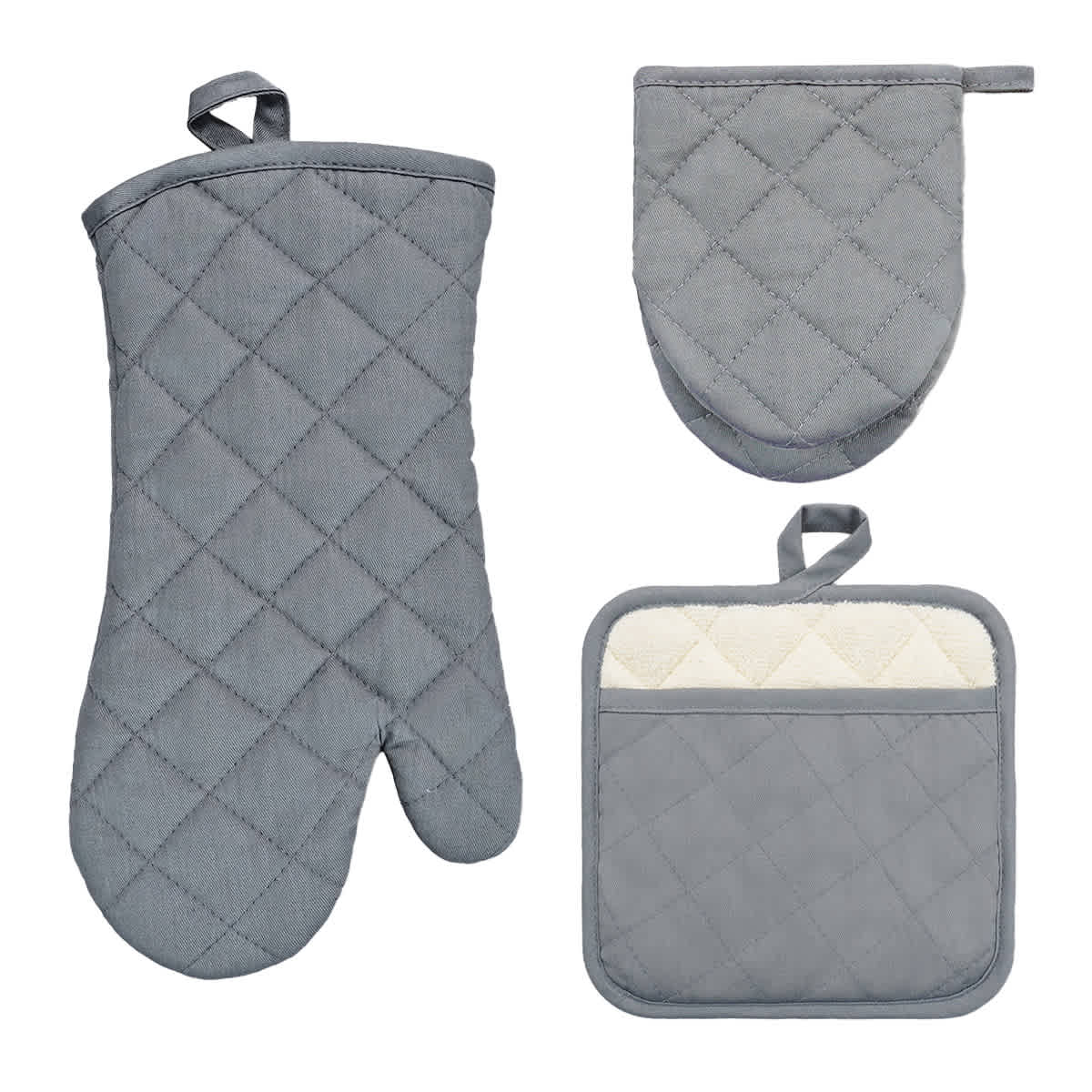 Set of 3 Grey Pot Holder Oven & Mini Mitts