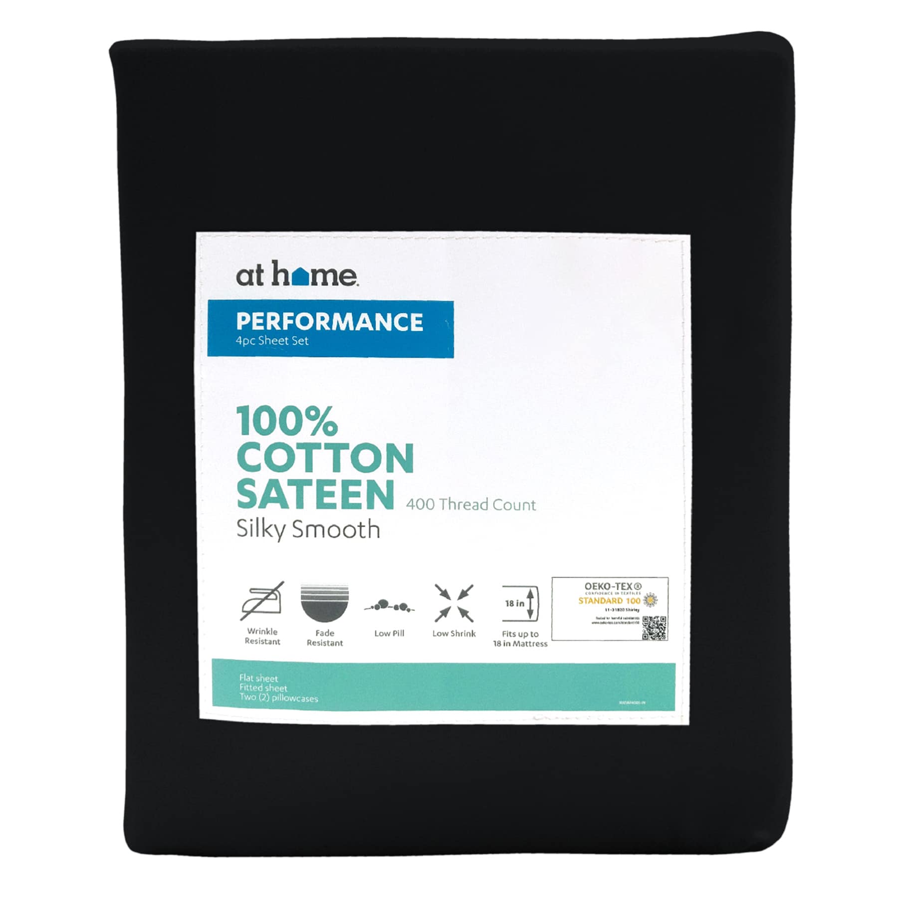 4-Piece Black 400 Thread Count Cotton Performance Sheet Set, Queen