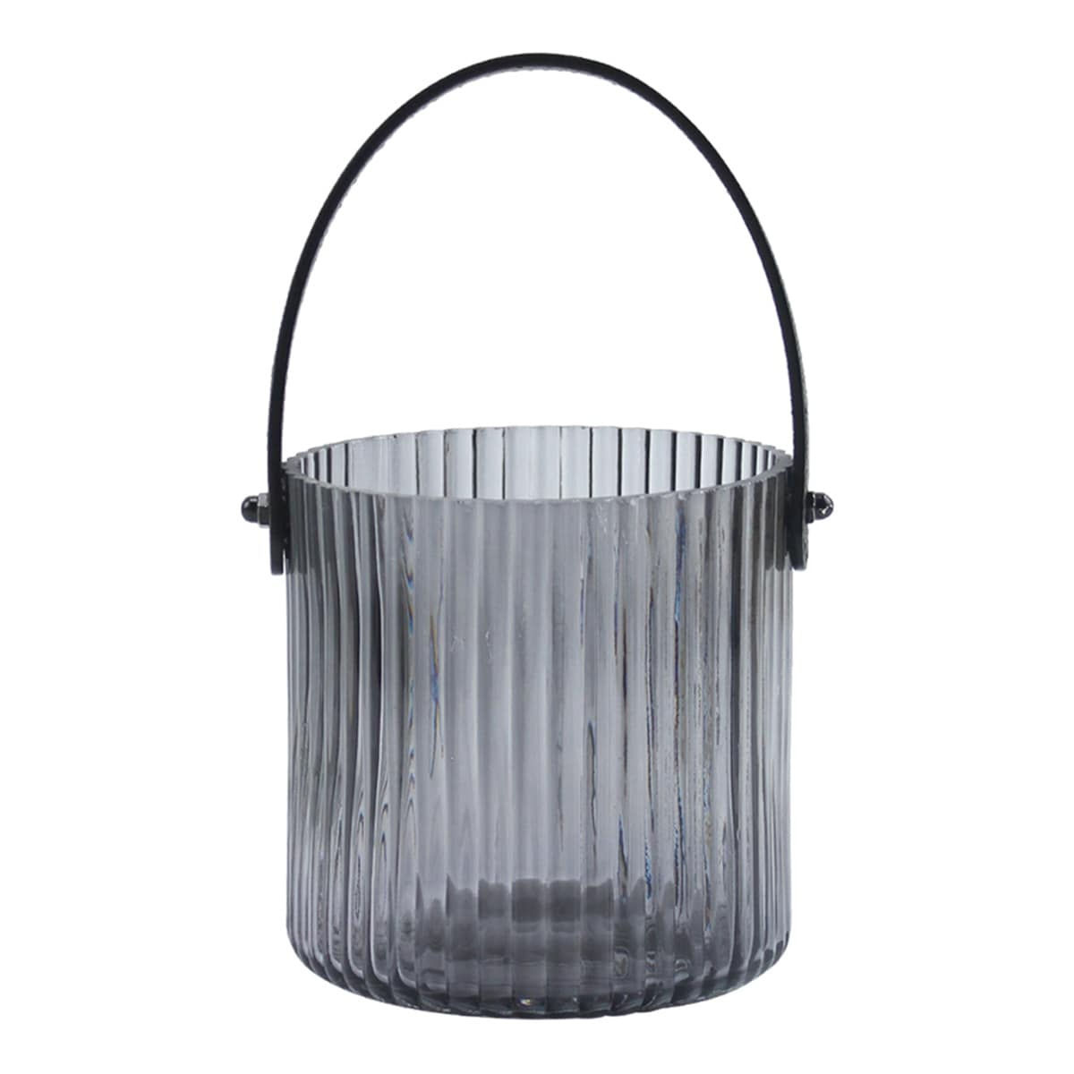 Smoke Ribbed Glass Lantern with Black Leather Handle, 4.7"