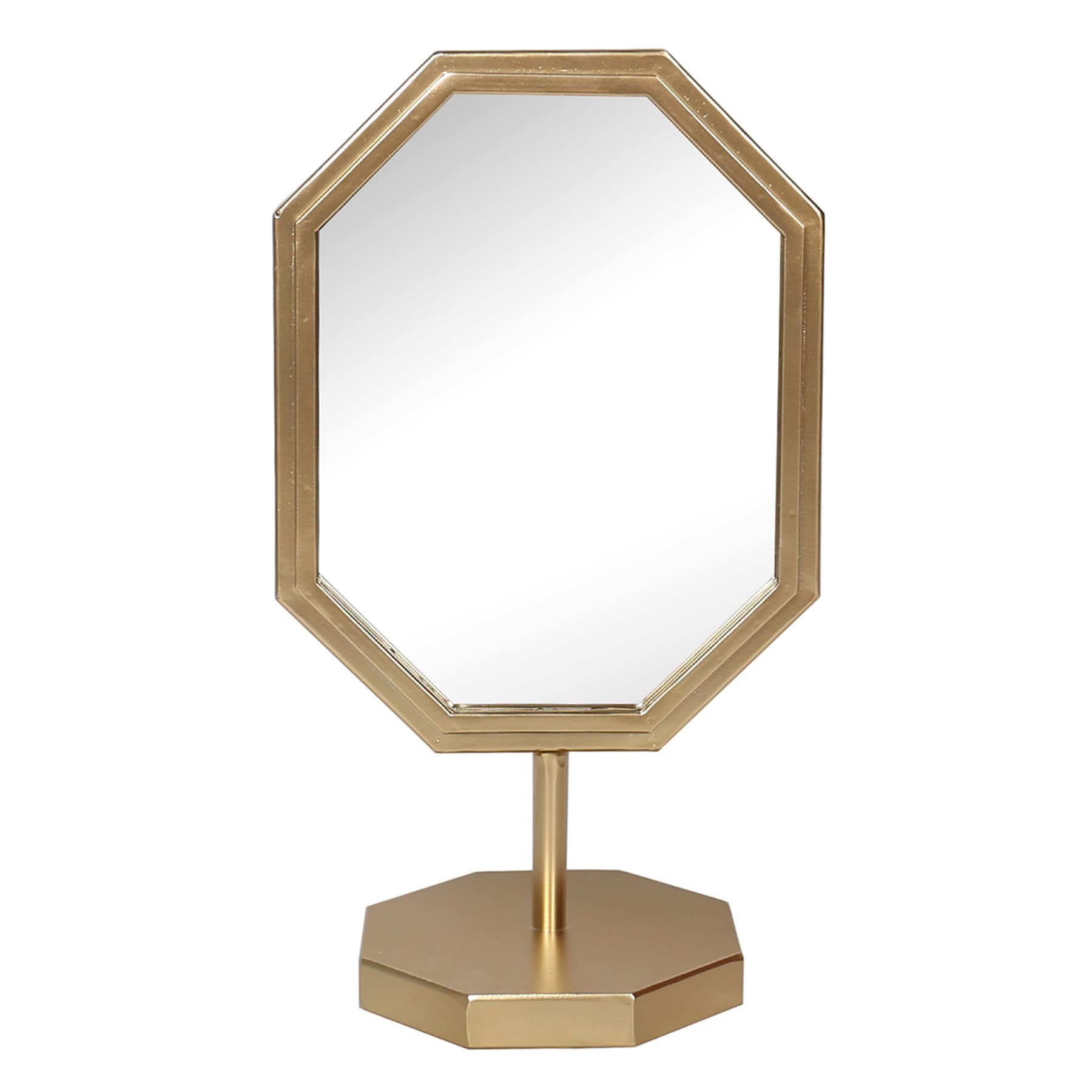 Gold Octagonal Metal Mirror with Circle Base, 14"