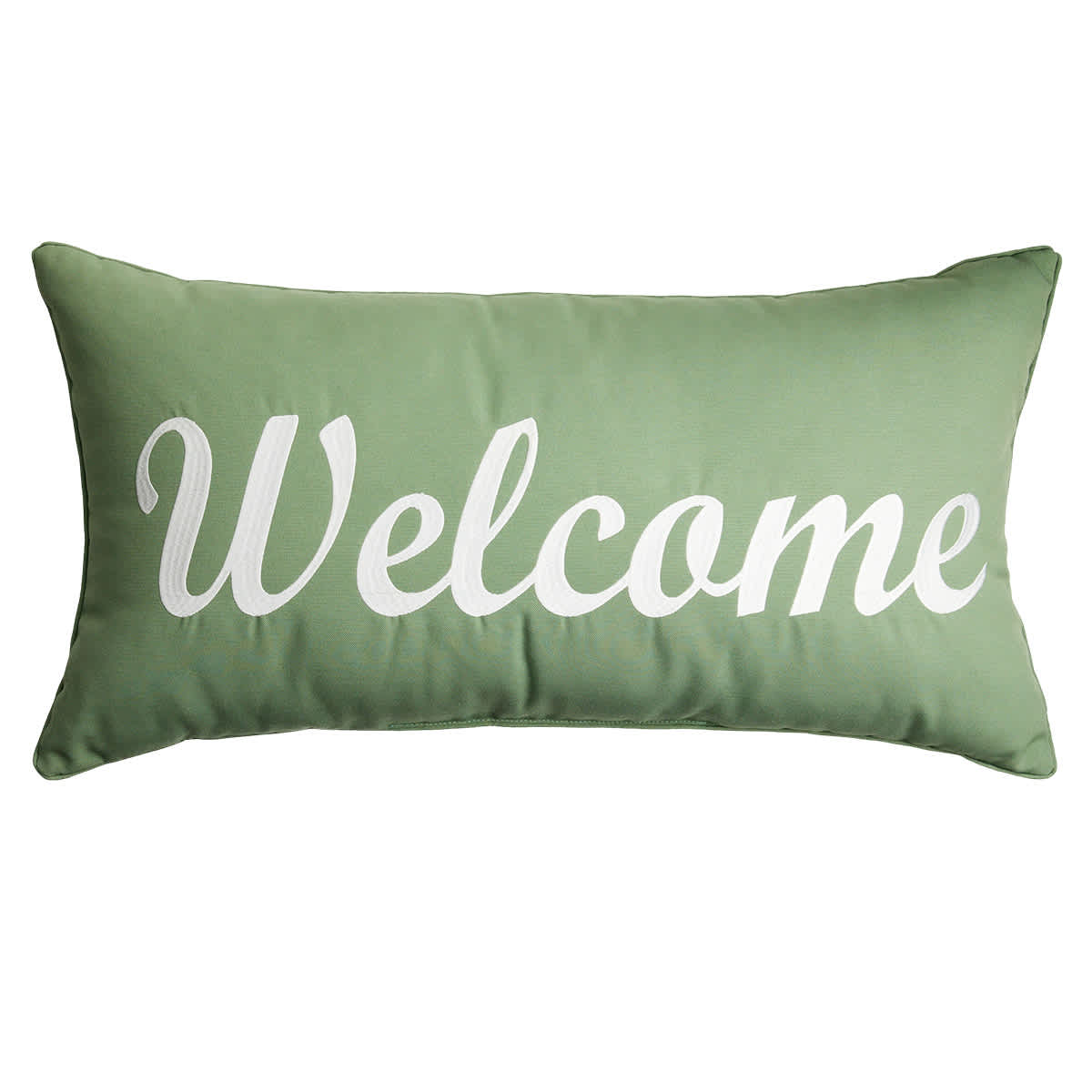 Honeybloom Green Welcome Embroidered Lumbar Outdoor Throw Pillow, 14x20
