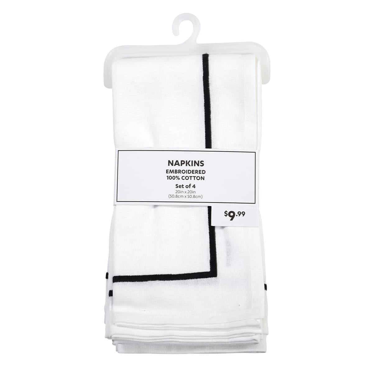Set of 4 Black Embroidered White Napkins, 20"