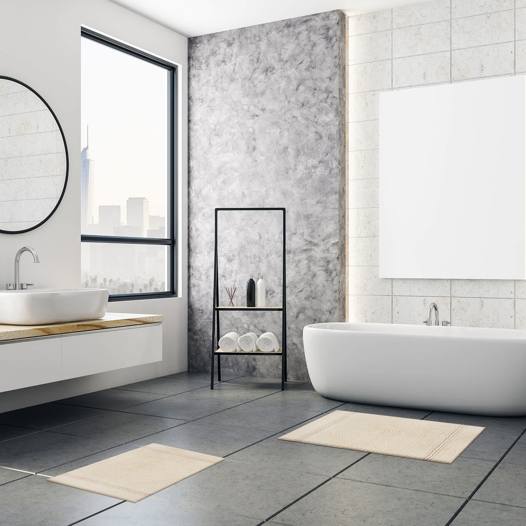 2-Pack White Simple Stripe Bath Rug Set, 17x24 & 20x32