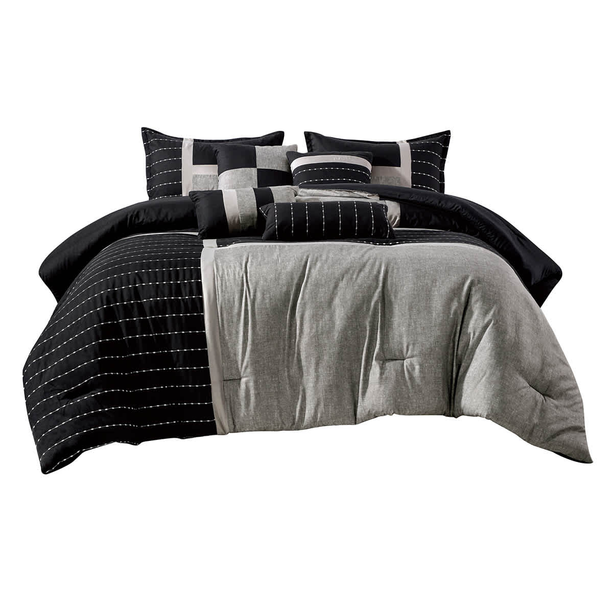 7-Piece Finley Black & Grey Striped Comforter Set, King