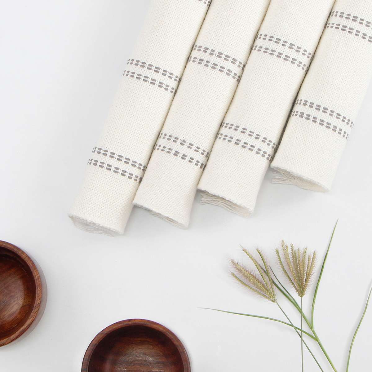 Set of 4 Ivory Woven Ribbed Placemats with Grey Stripes & Fringe