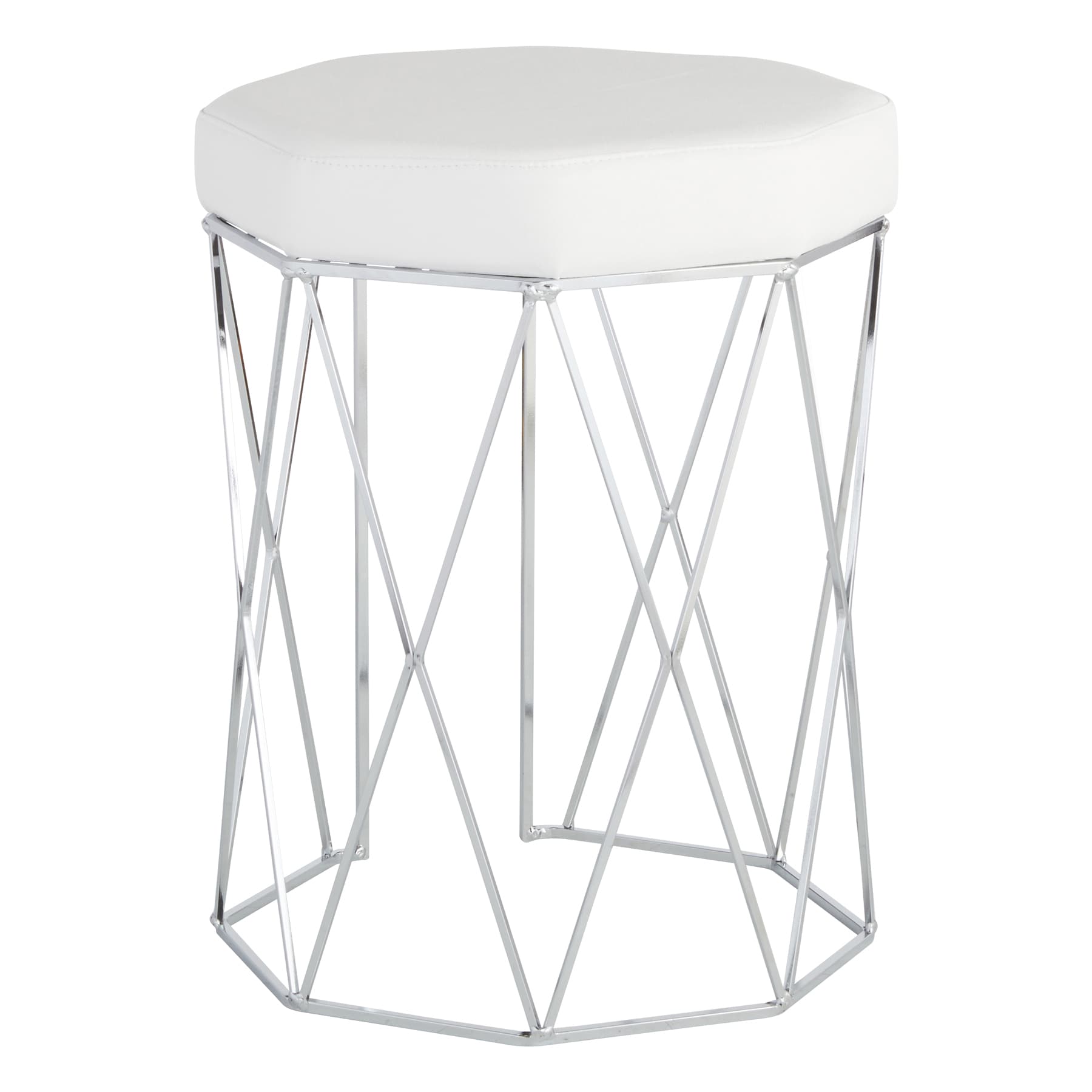 Prisma Chrome Wire Vanity Stool & Padded White Faux Leather Seat