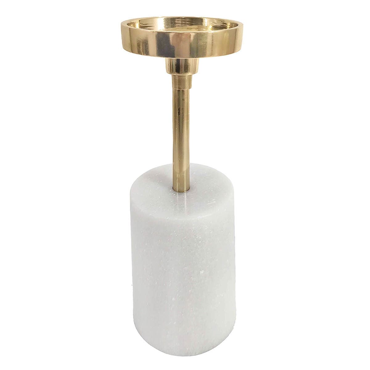 Crosby St. Long Stem Gold Pillar Candle Holder With Marble Cylinder Base, 9.5"
