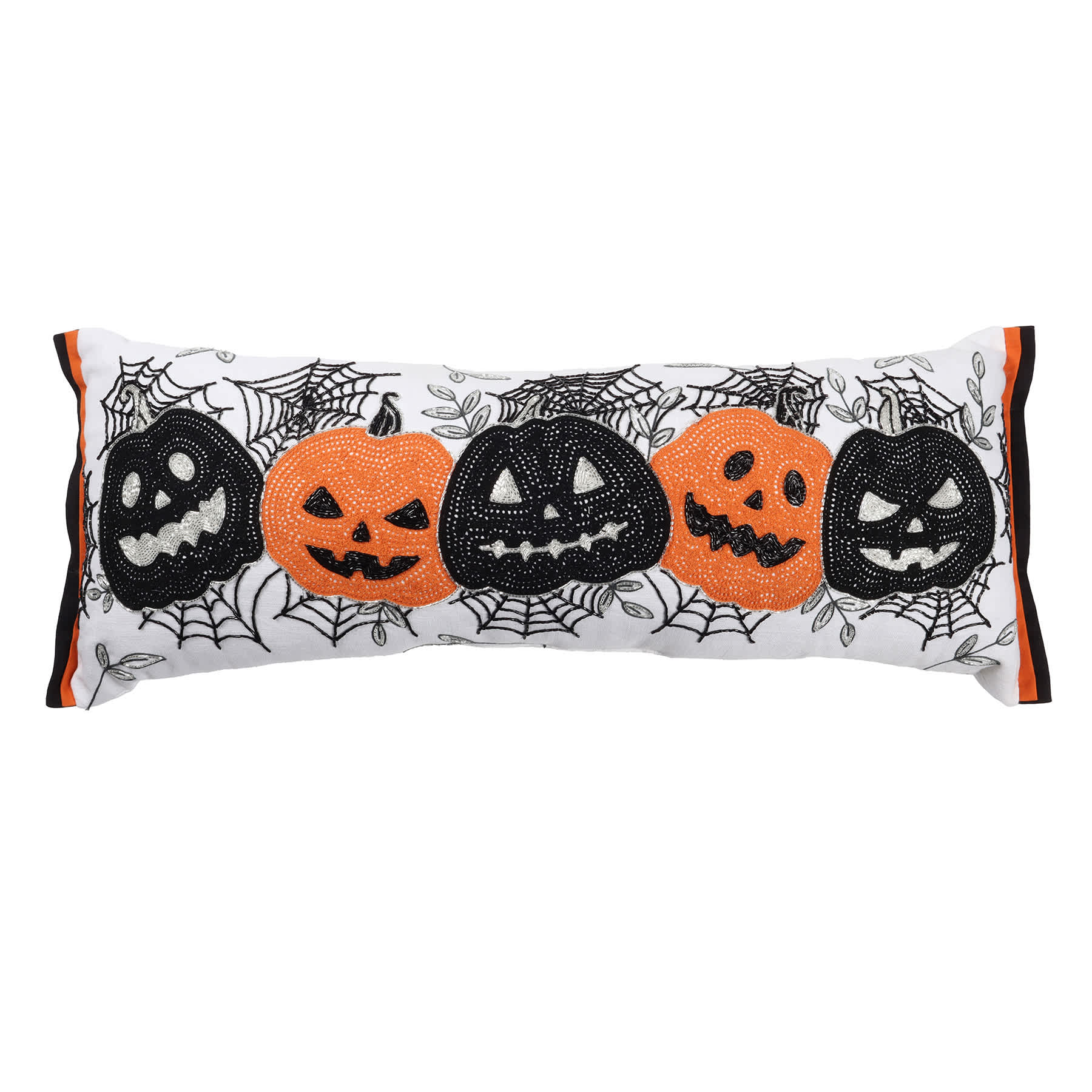 Embroidered & Beaded Jack-o'-Lantern Throw Pillow with Double Flange, 14x36