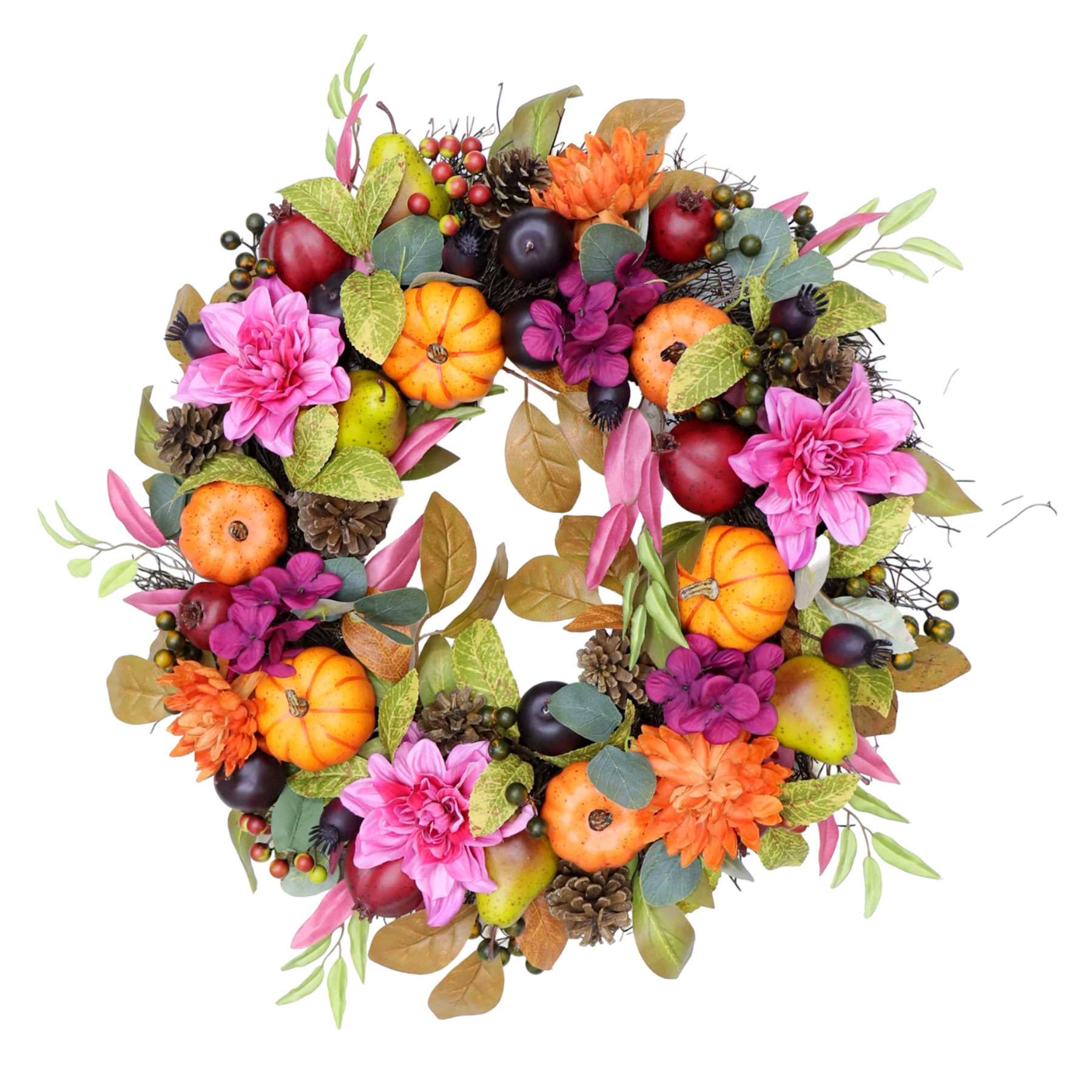 Dahlia, Mum & Pumpkin Spiral Vine Wreath, 24"