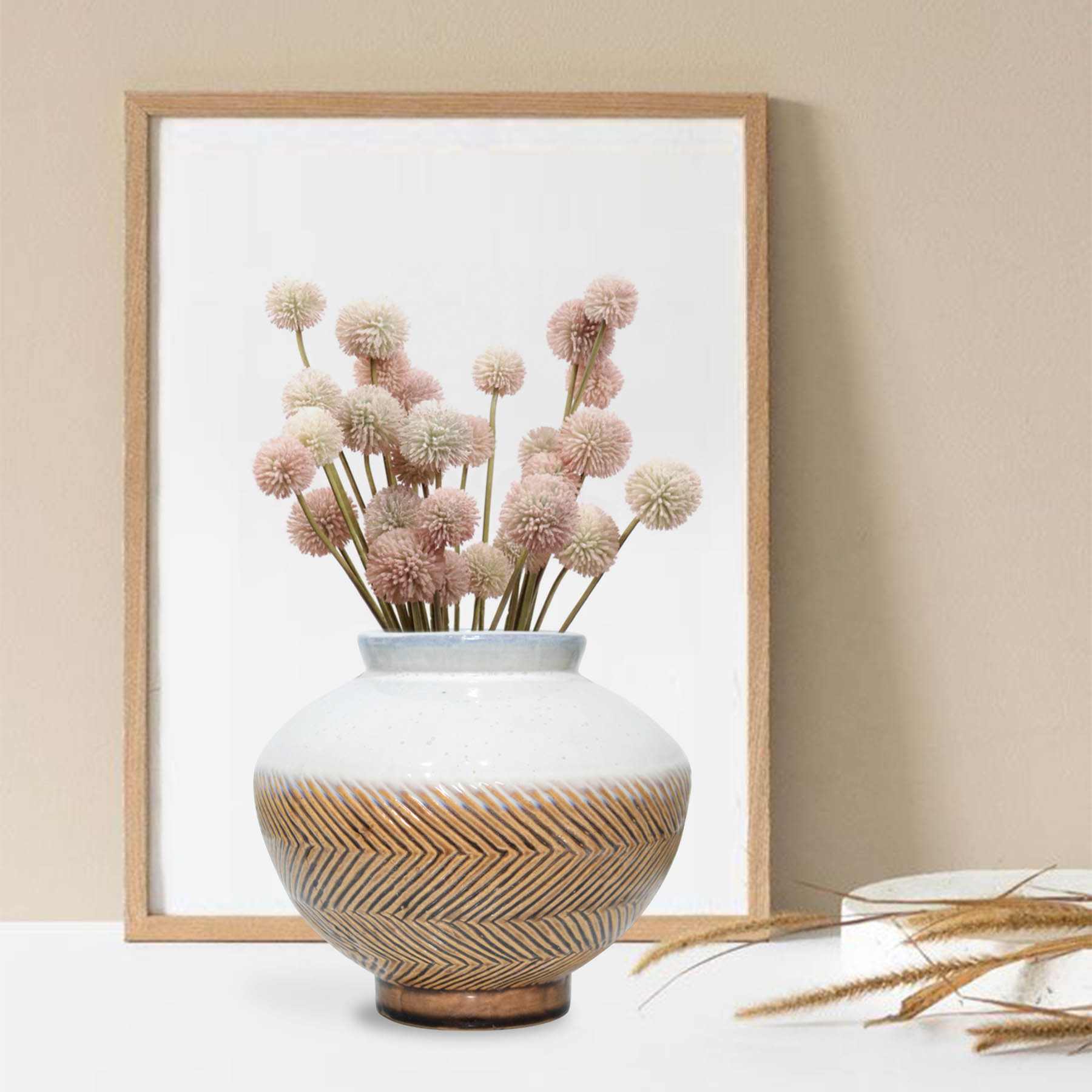 Cream & Brown Ceramic Decorative Vase, 7.3"