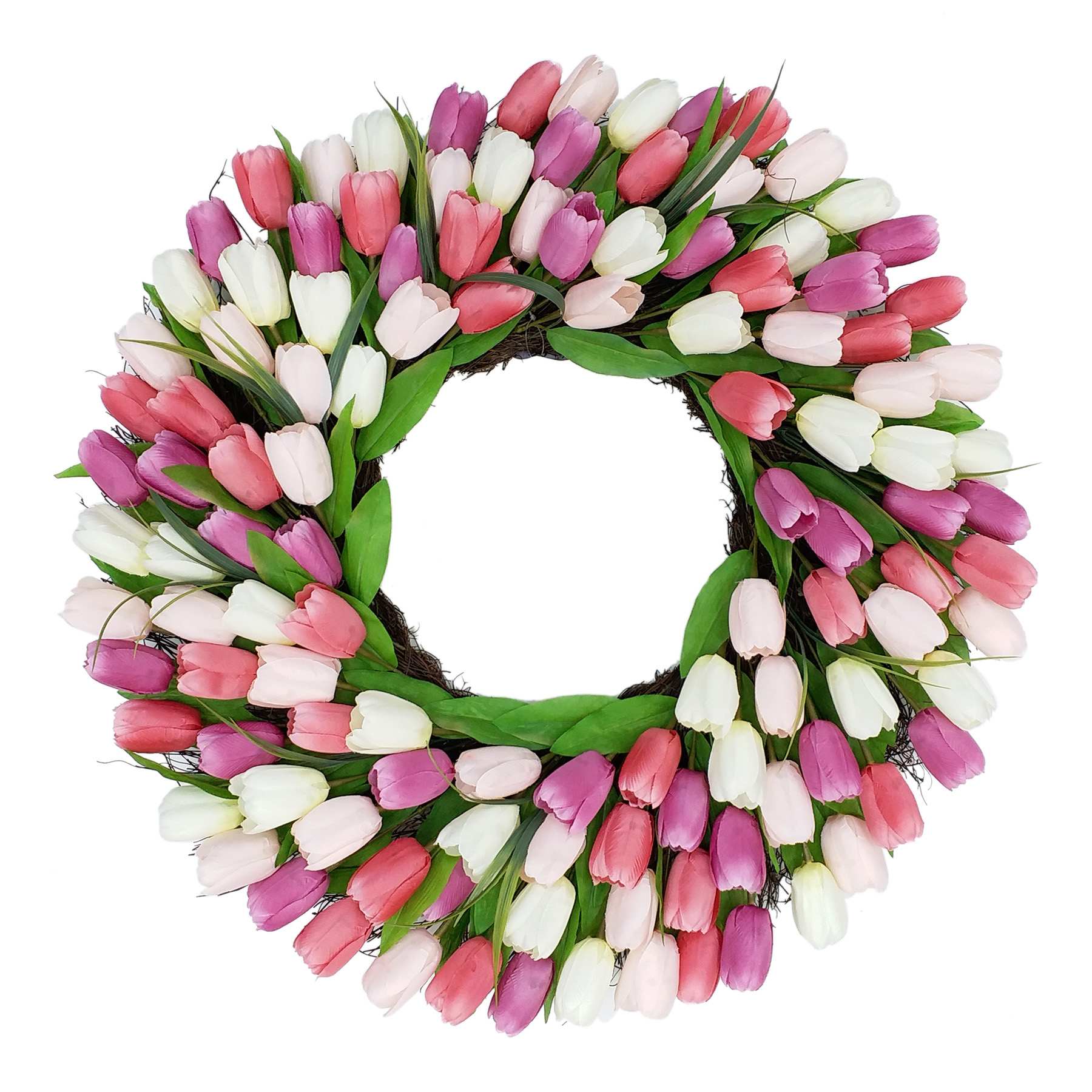 Pink & White Tulip Floral Wreath, 30"