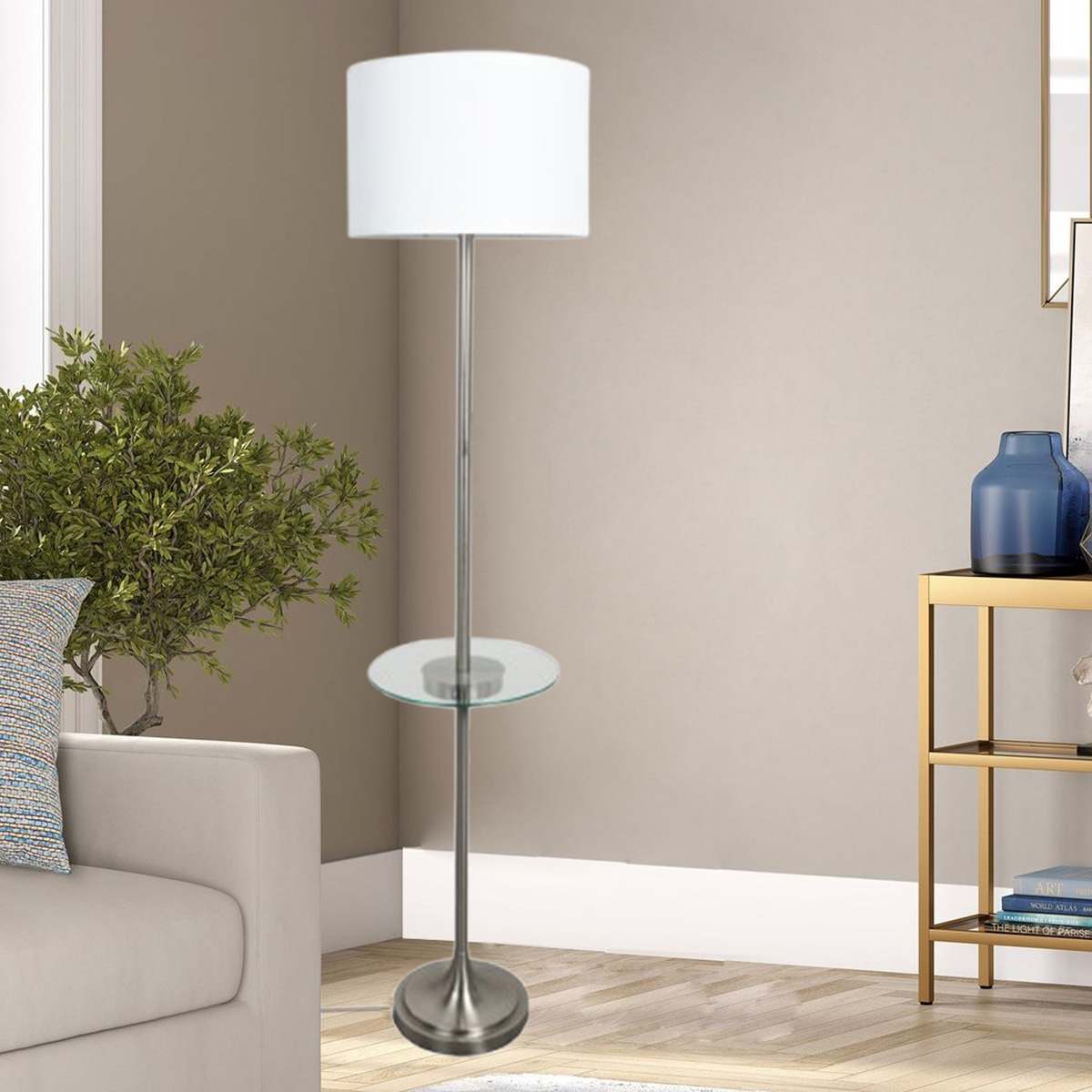 Silver Metal Floor Lamp with Glass Table & Shade, 64"