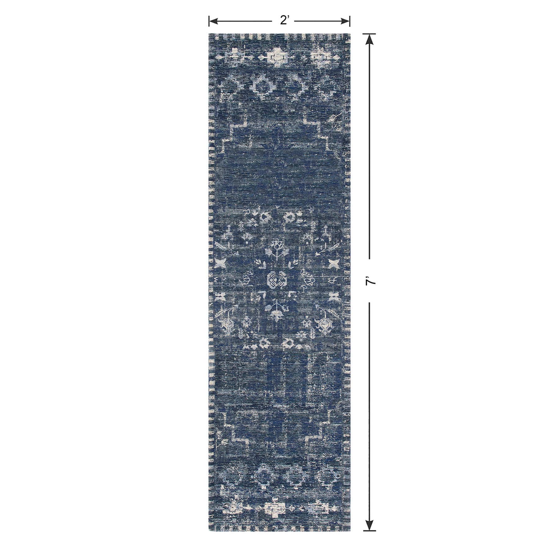 (B823) Teagan Navy Blue Floral Flatweave Runner, 2x7