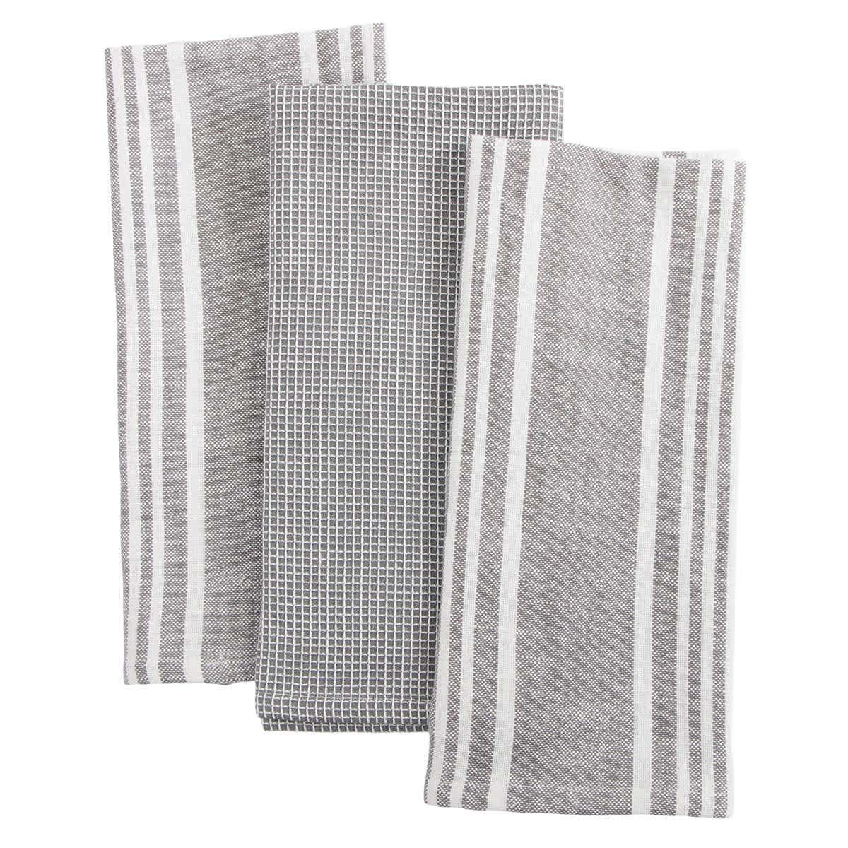 Set of 3 Grey Porter Slub Waffle Cotton Kitchen Towels