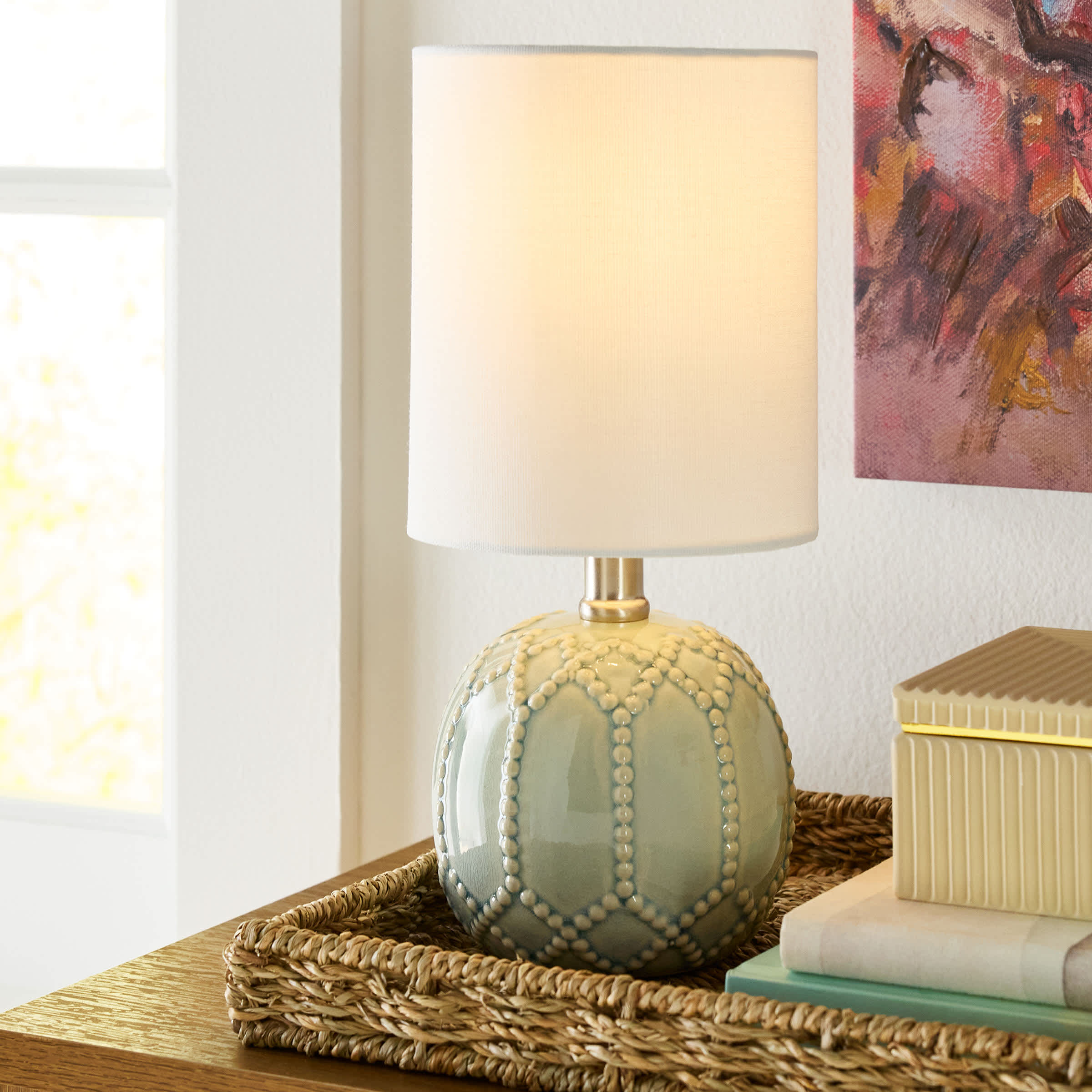 Light Blue Ceramic Mini Table Lamp with Shade, 13"