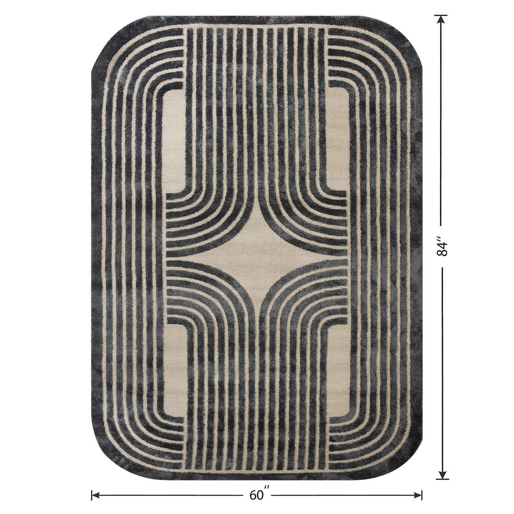 (B894) Black & Beige Oval Geometric Area Rug, 5x7