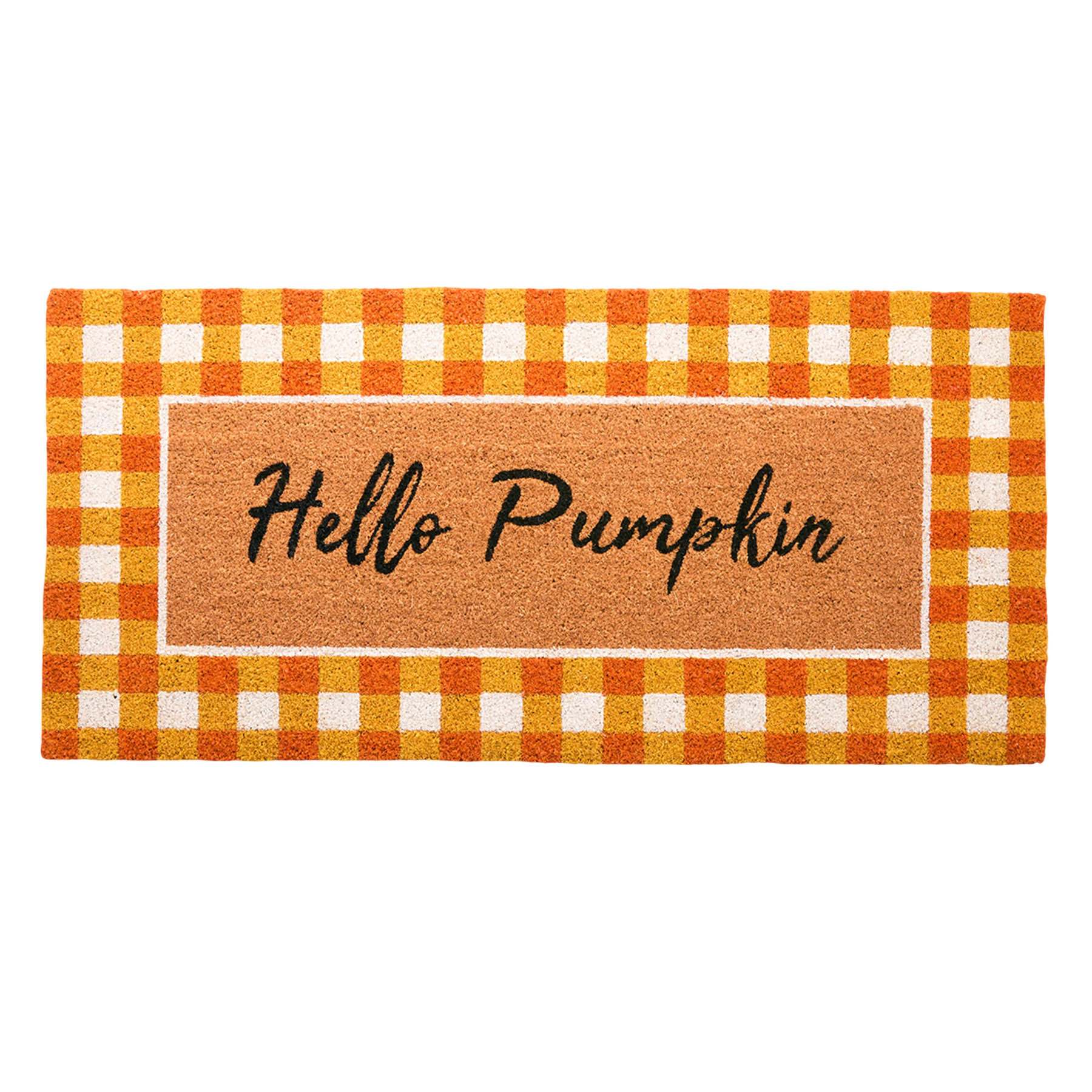 Homespun Harvest Hello Pumpkin Plaid Border Coir Mat, 22x47