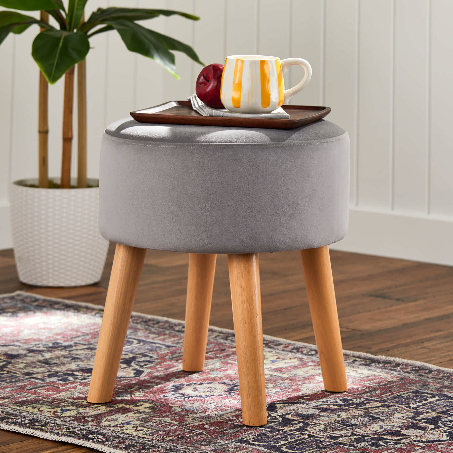 Emmy Stool with Wooden Legs, Grey Velvet